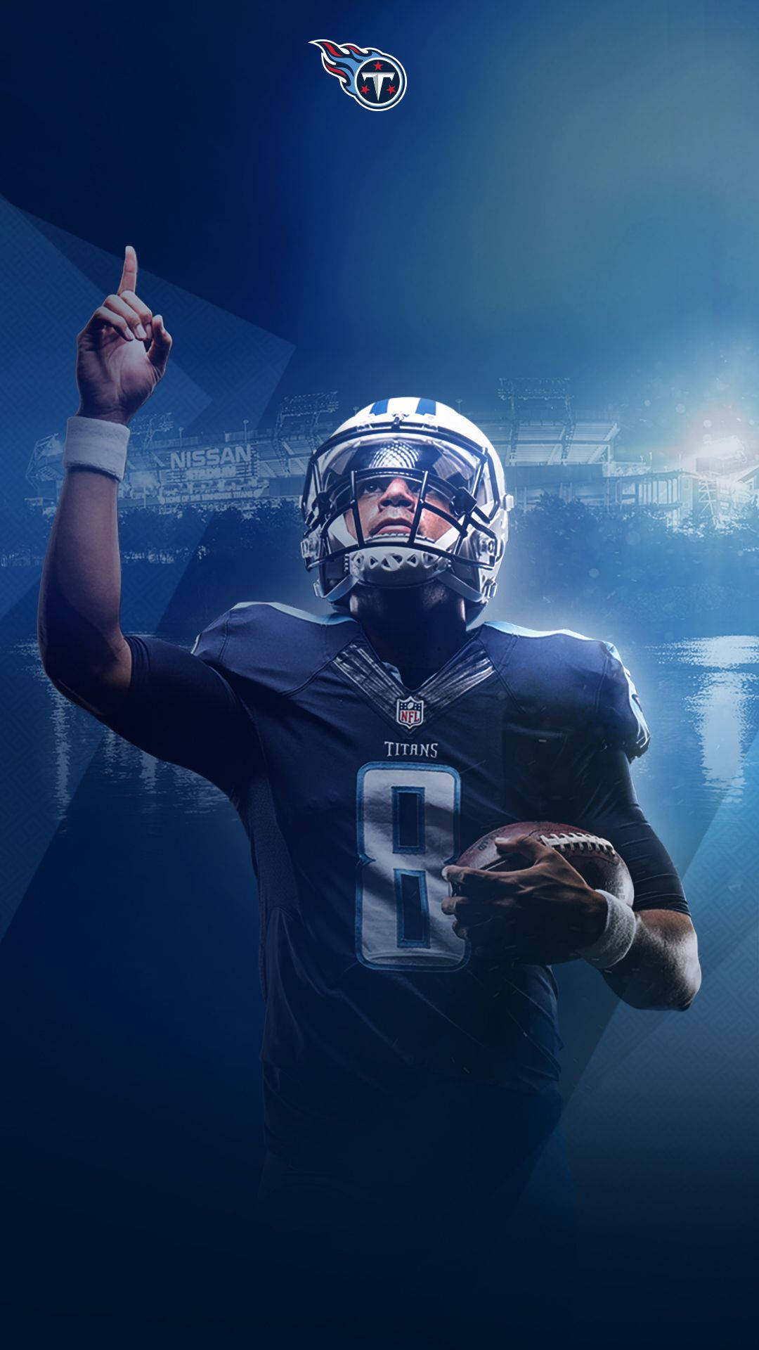 NFL 阿德里安·彼得森 壁紙 — 一位田納西泰坦隊的美式足球員身穿深藍色球衣，在球場燈光下抱著足球並向上指。