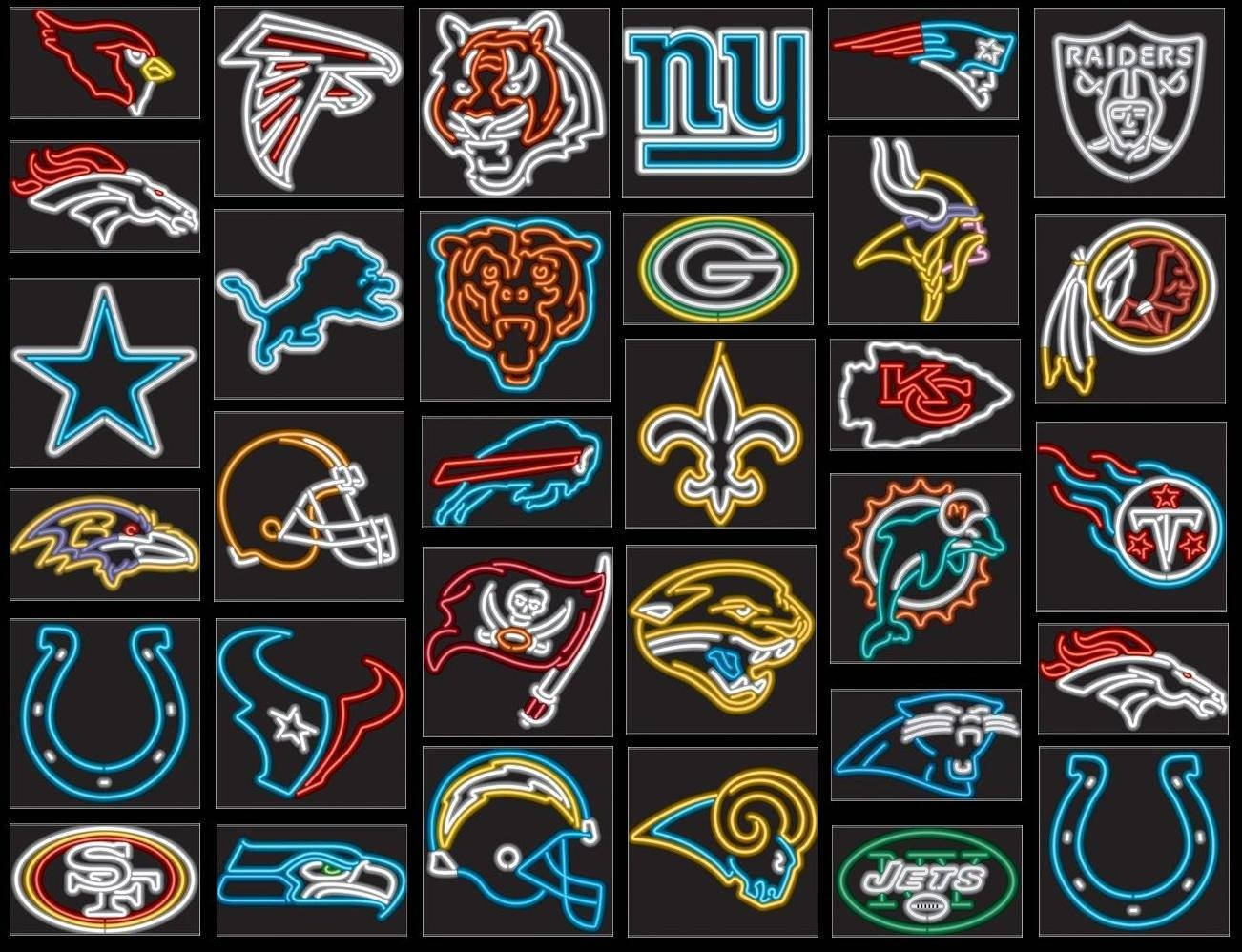 NFL 霓虹隊標誌 壁紙 — NFL 球隊標誌的鮮豔霓虹輪廓在深色背景上以網格佈局發光。