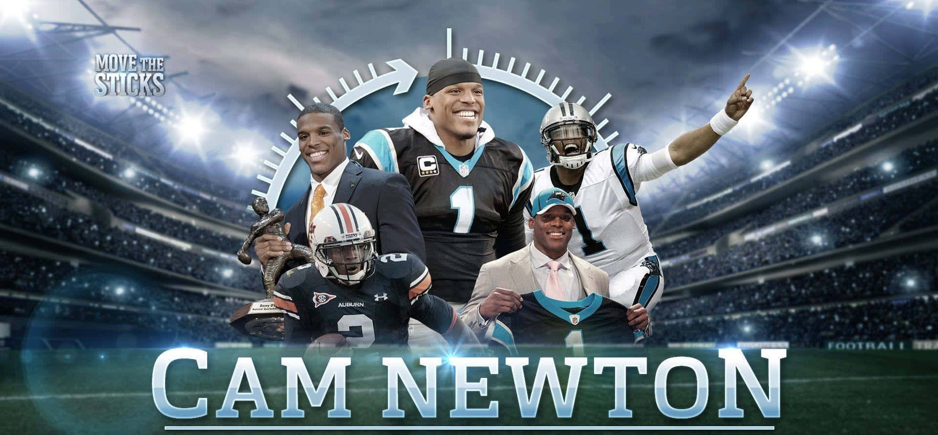 Cam Newton 和 Panthers 球員在燈光下的足球場上慶祝。