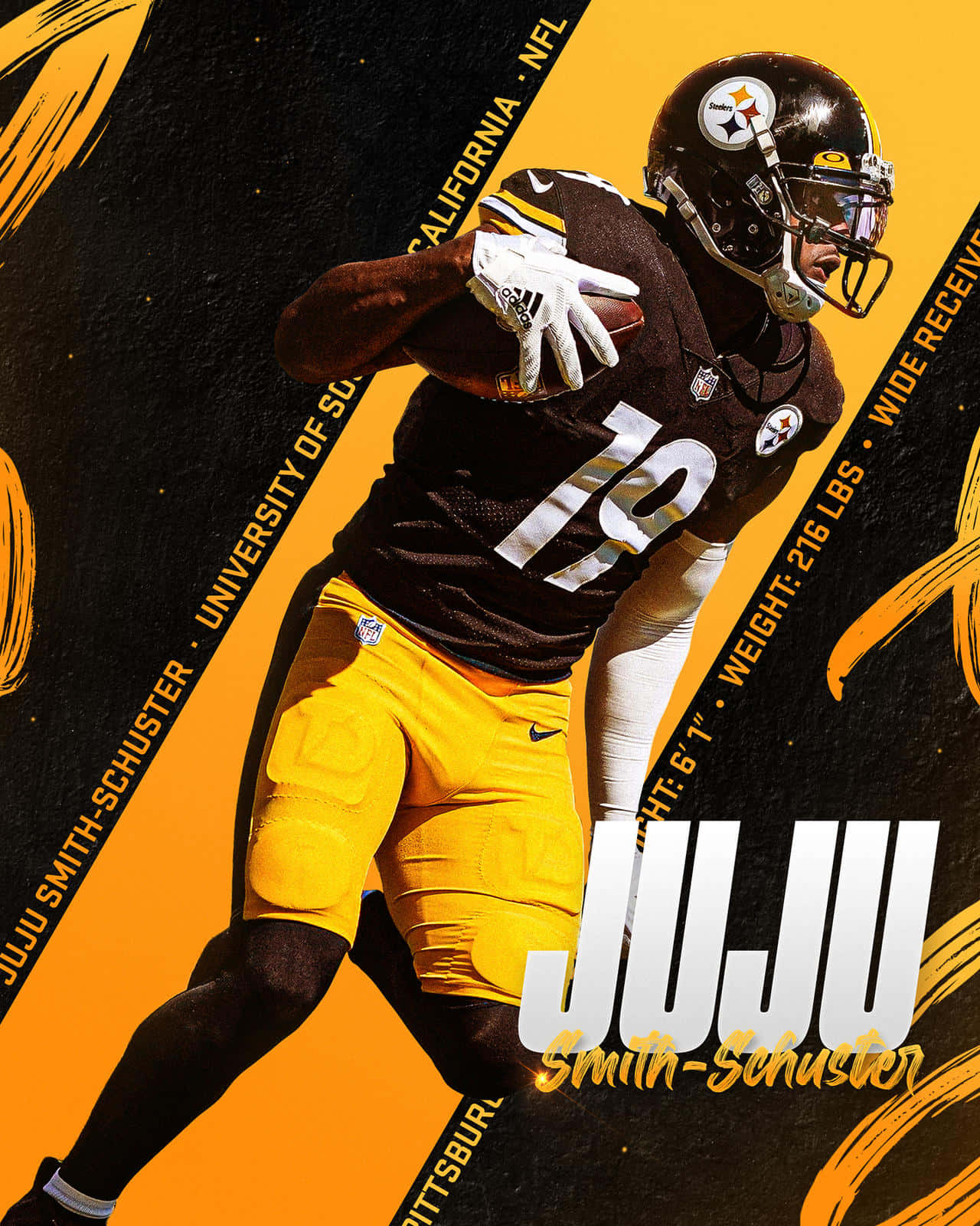 Juju Smith Schuster 桌布 壁紙 — NFL外接手JuJu Smith-Schuster身穿黑色和金色球衣，手持橄欖球衝刺的動態插圖。