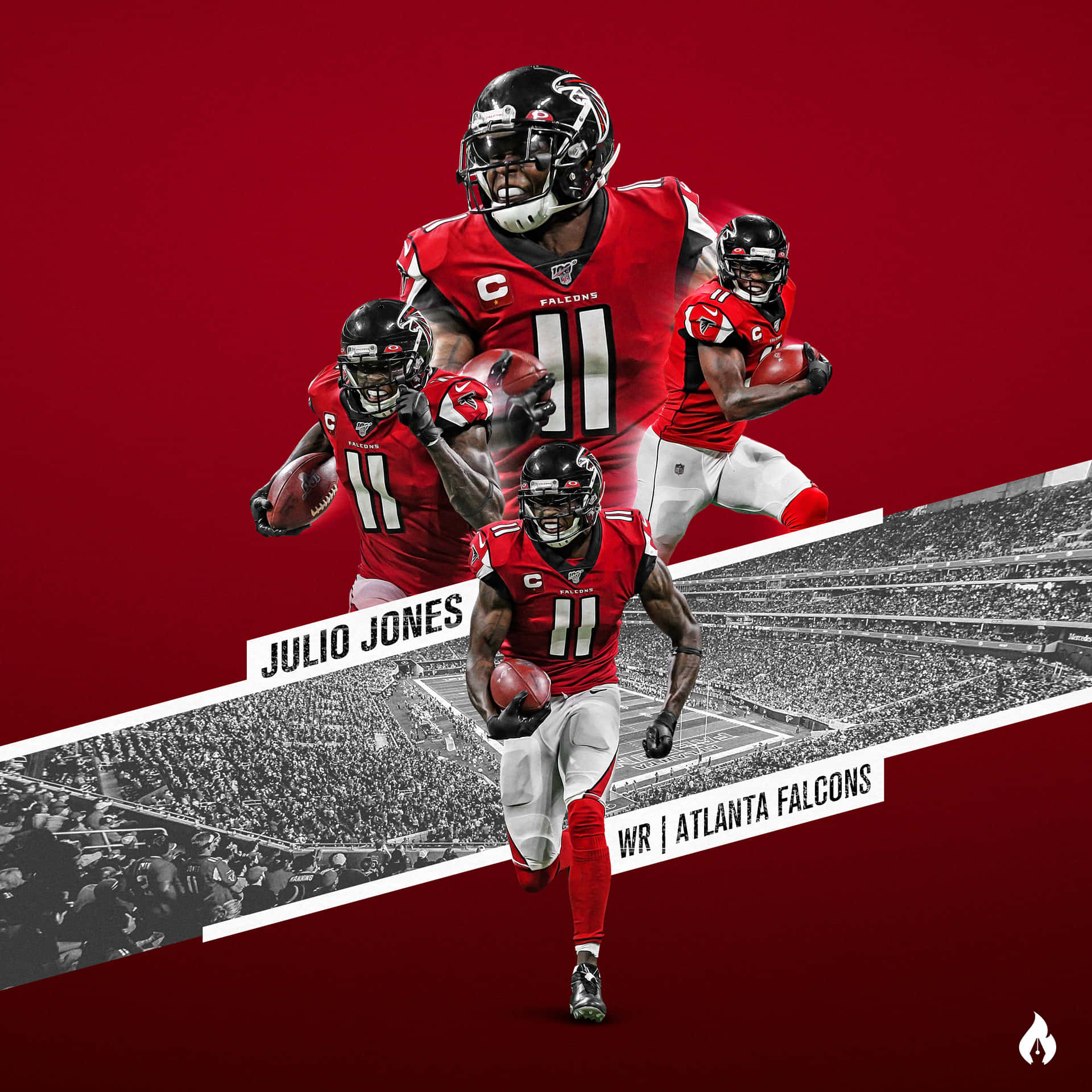 Julio Jones 亞特蘭大獵鷹隊在球場場景中持球奔跑。