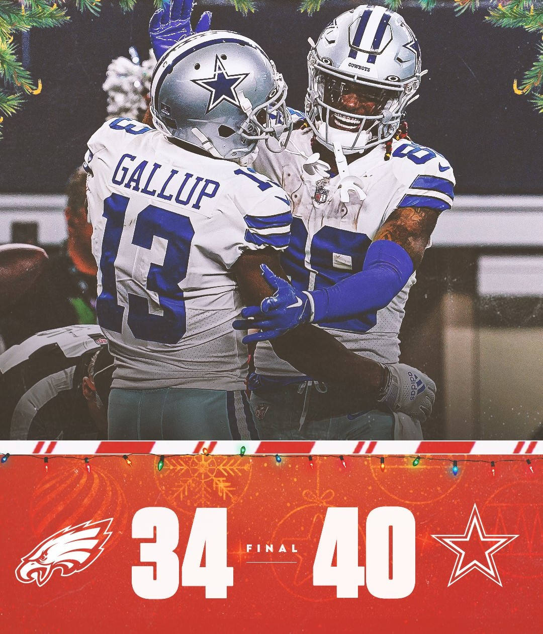 NFL比分與足球員 壁紙 — 達拉斯牛仔隊球員慶祝對老鷹隊的達陣勝利，節日燈光璀璨，記分牌顯示40-34。
