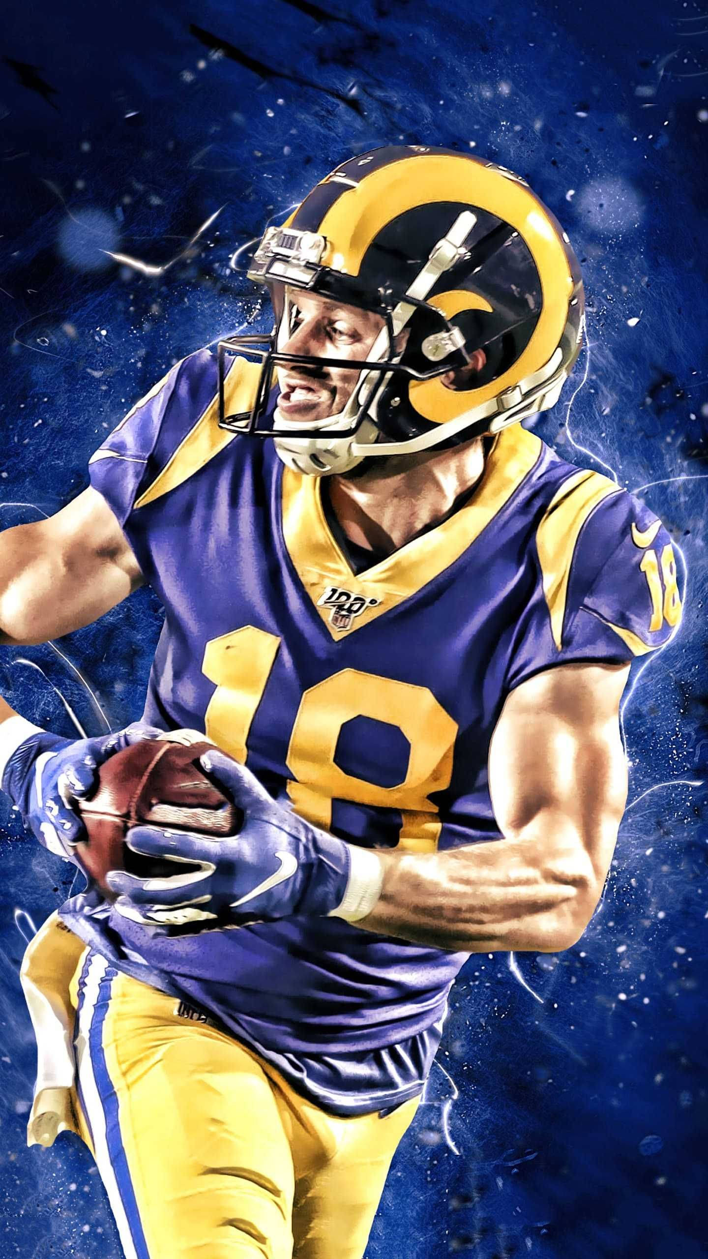 NFL洛杉磯公羊隊庫珀·庫普照片合成藝術 壁紙 — 一名身穿紫色和金色公羊隊裝備的動感足球運動員，在宇宙藍色背景下抱著球向前衝刺。