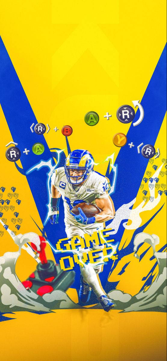 NFL洛杉磯公羊隊庫珀·庫普遊戲主題數位藝術 壁紙 — 一個動態的數碼插圖，描繪一名足球運動員在鮮明的黃色和藍色背景上移動，並帶有遊戲控制器元素。