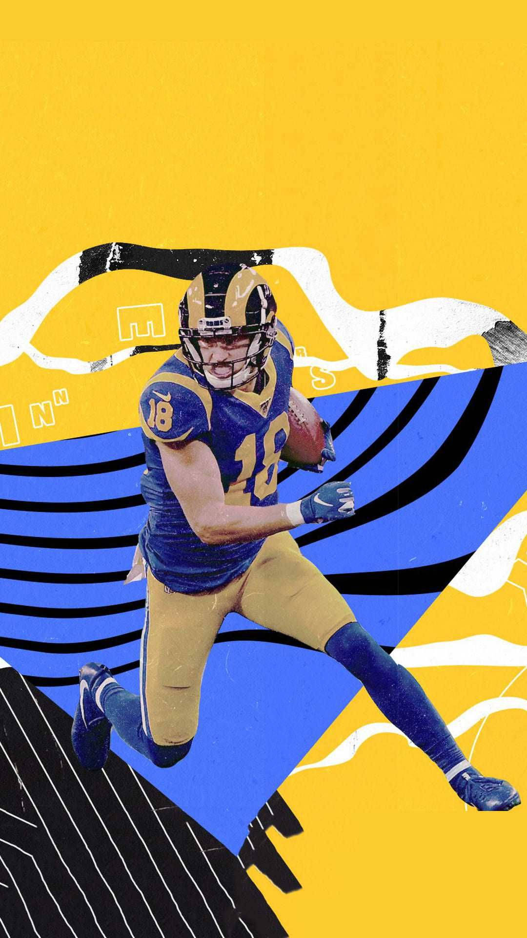 NFL洛杉磯公羊隊球員庫珀·庫普足球圖像藝術 壁紙 — 一名充滿活力的足球運動員身穿藍色和金色球衣，在醒目的黃、藍、黑圖形背景前衝刺。