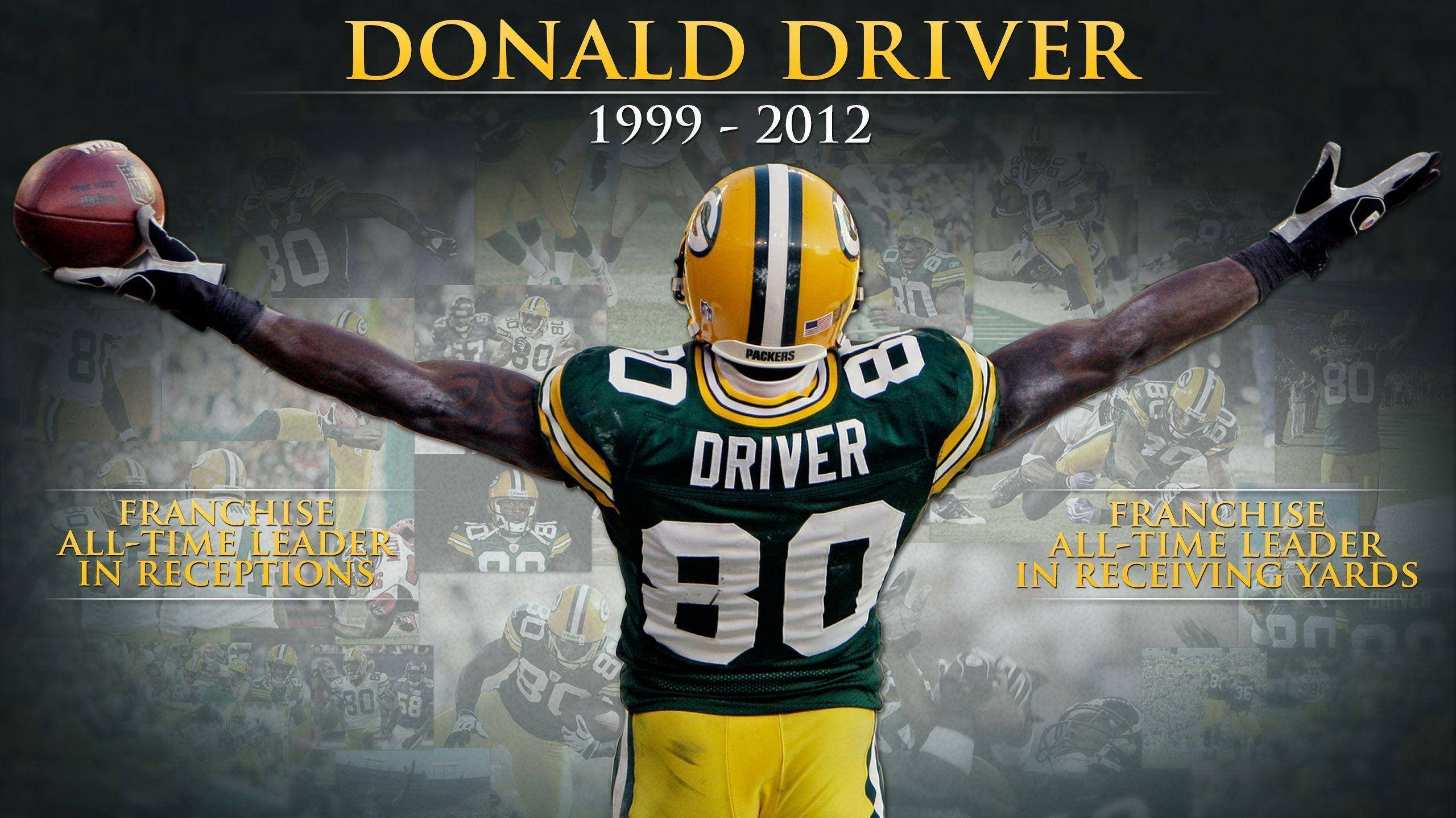 NFL球員唐納德·德瑞弗 壁紙 — 向NFL球員Donald Driver致敬的桌布，他身穿綠灣包裝工隊制服，雙臂伸展抱著一個橄欖球，並顯示其職業生涯數據。