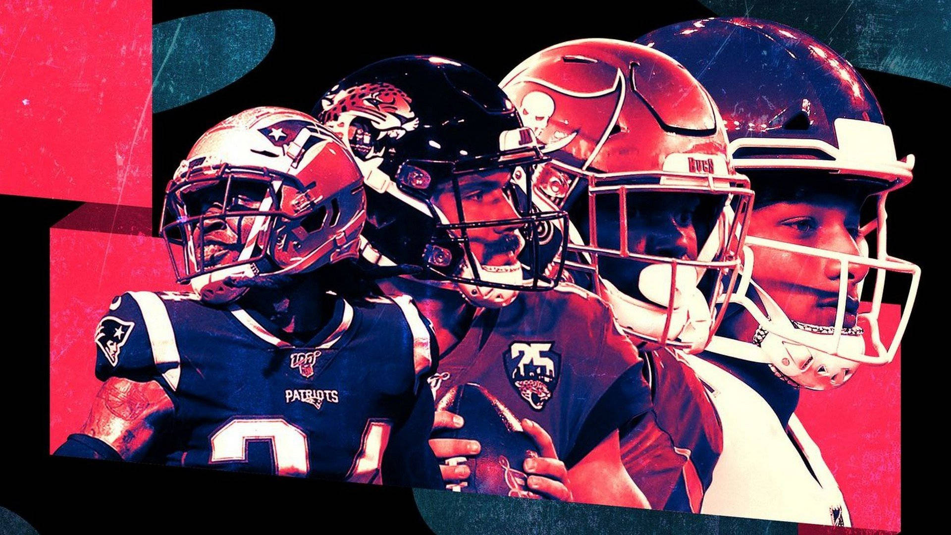 NFL球員藝術作品 壁紙 — 四位NFL四分衛戴著頭盔和球衣，在鮮明的紅色和藍綠色抽象背景前動態擺姿勢。