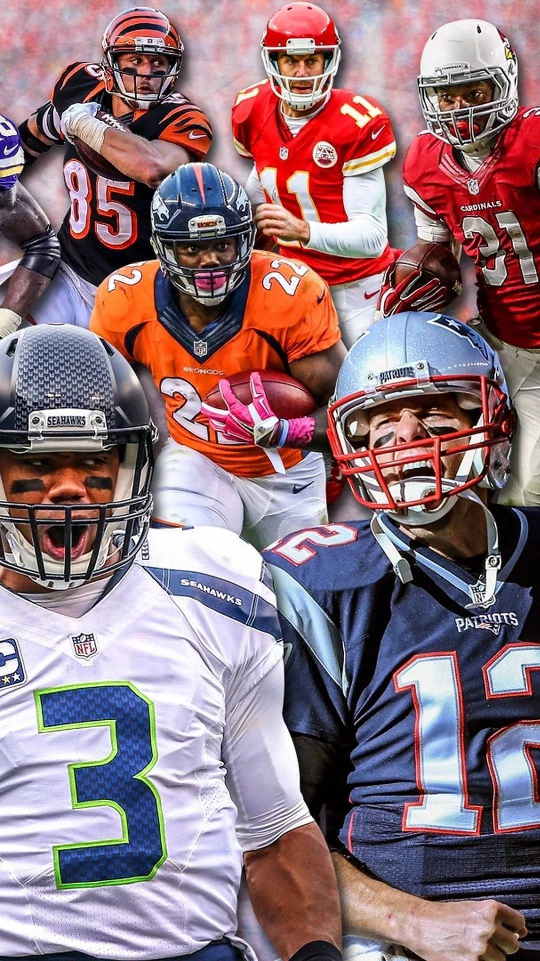 NFL球員隊伍 壁紙 — NFL 美式足球員身穿球隊球衣和頭盔的動態動作拼貼畫。