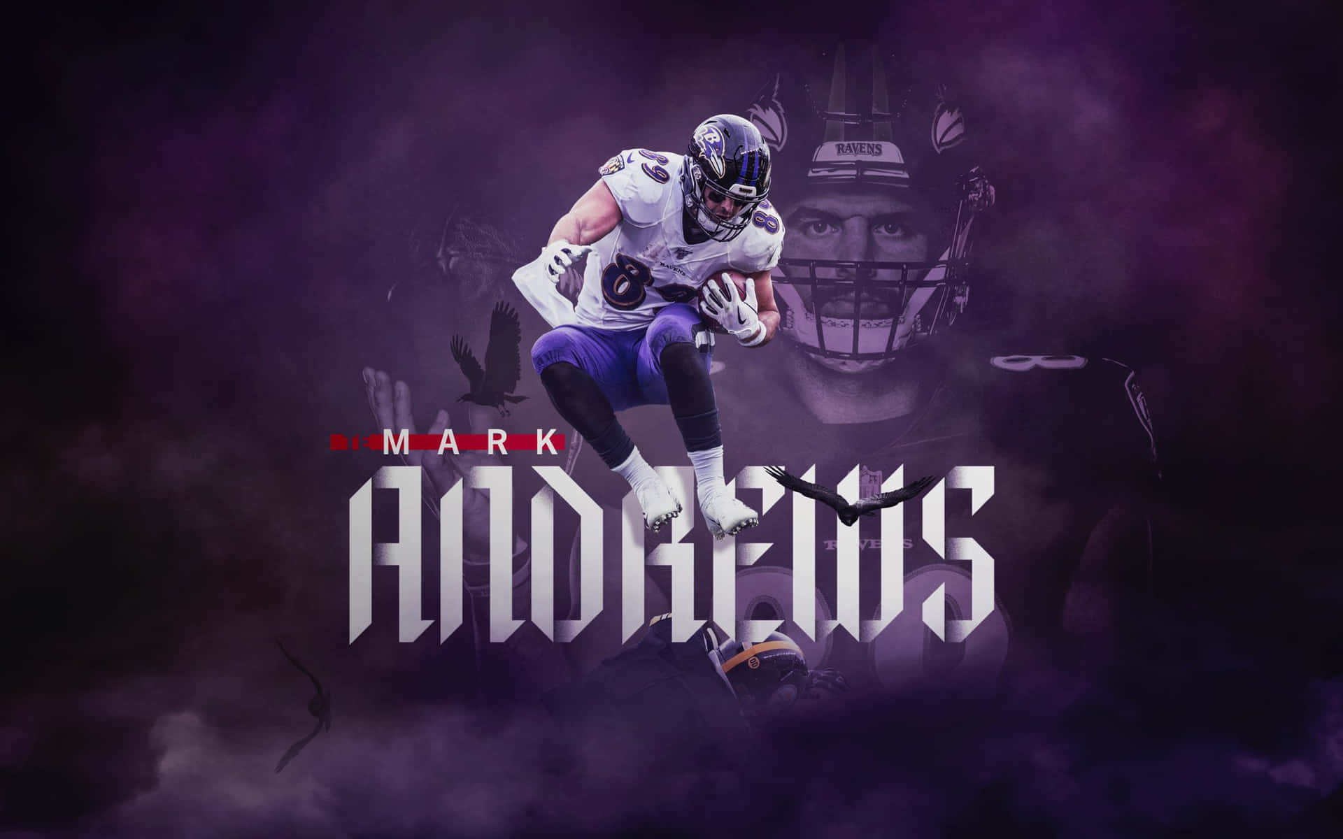美式足球員 Mark Andrews 以動作姿勢呈現，名字文字覆蓋在煙霧紫色背景上。