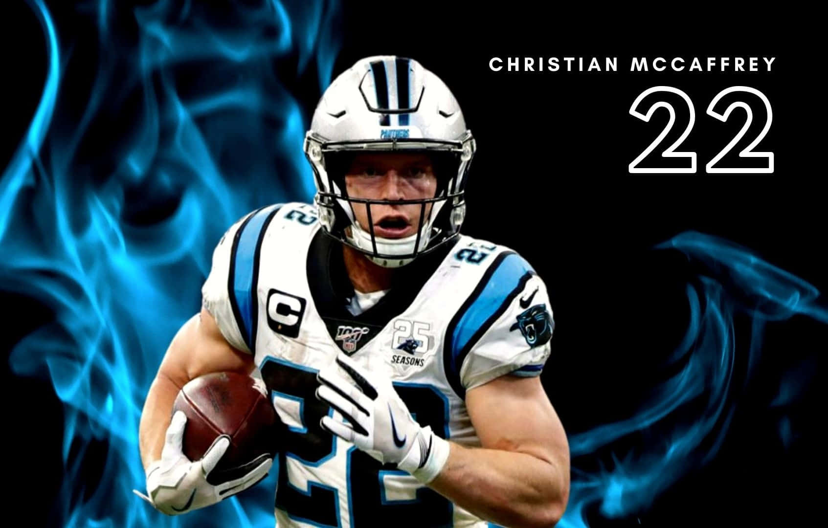 足球運動員Christian McCaffrey在藍色火焰背景下持球奔跑。