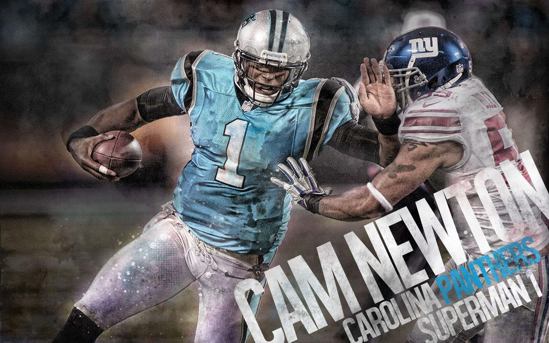 身穿卡羅萊納黑豹隊球衣的足球員 Cam Newton 在比賽中帶球奔跑。