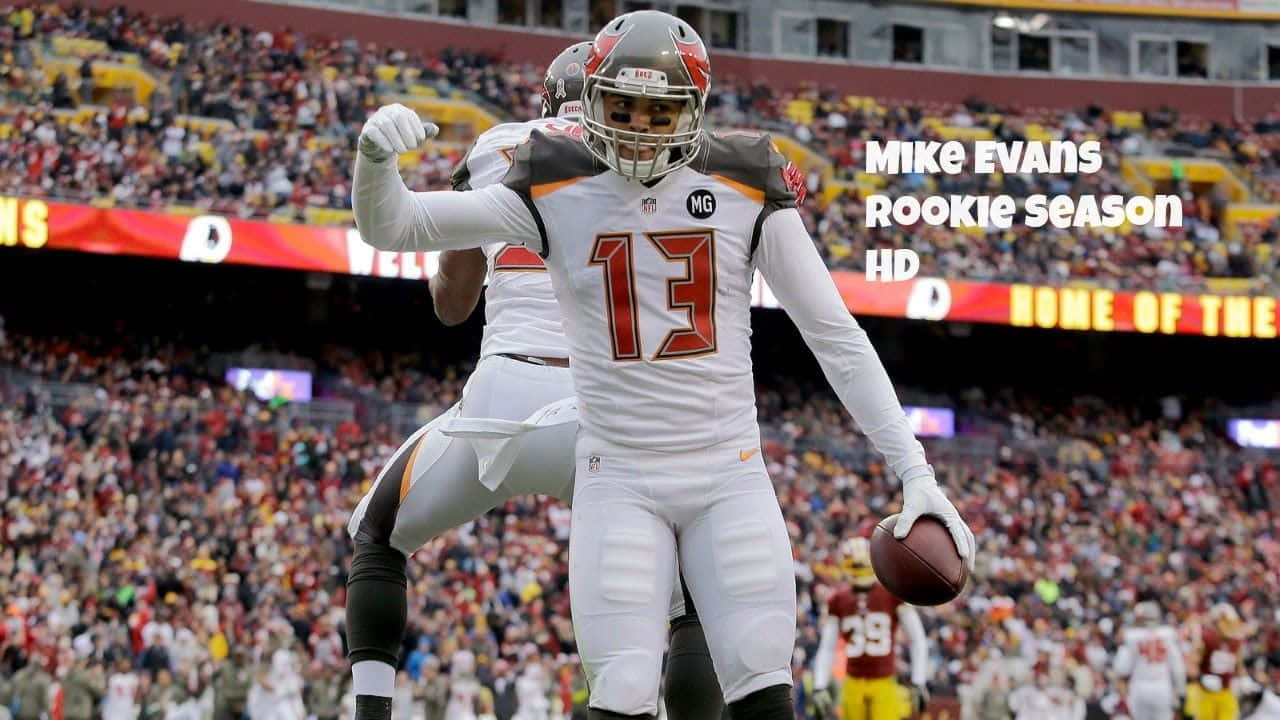 足球運動員Mike Evans在體育場人群中拿著足球慶祝。