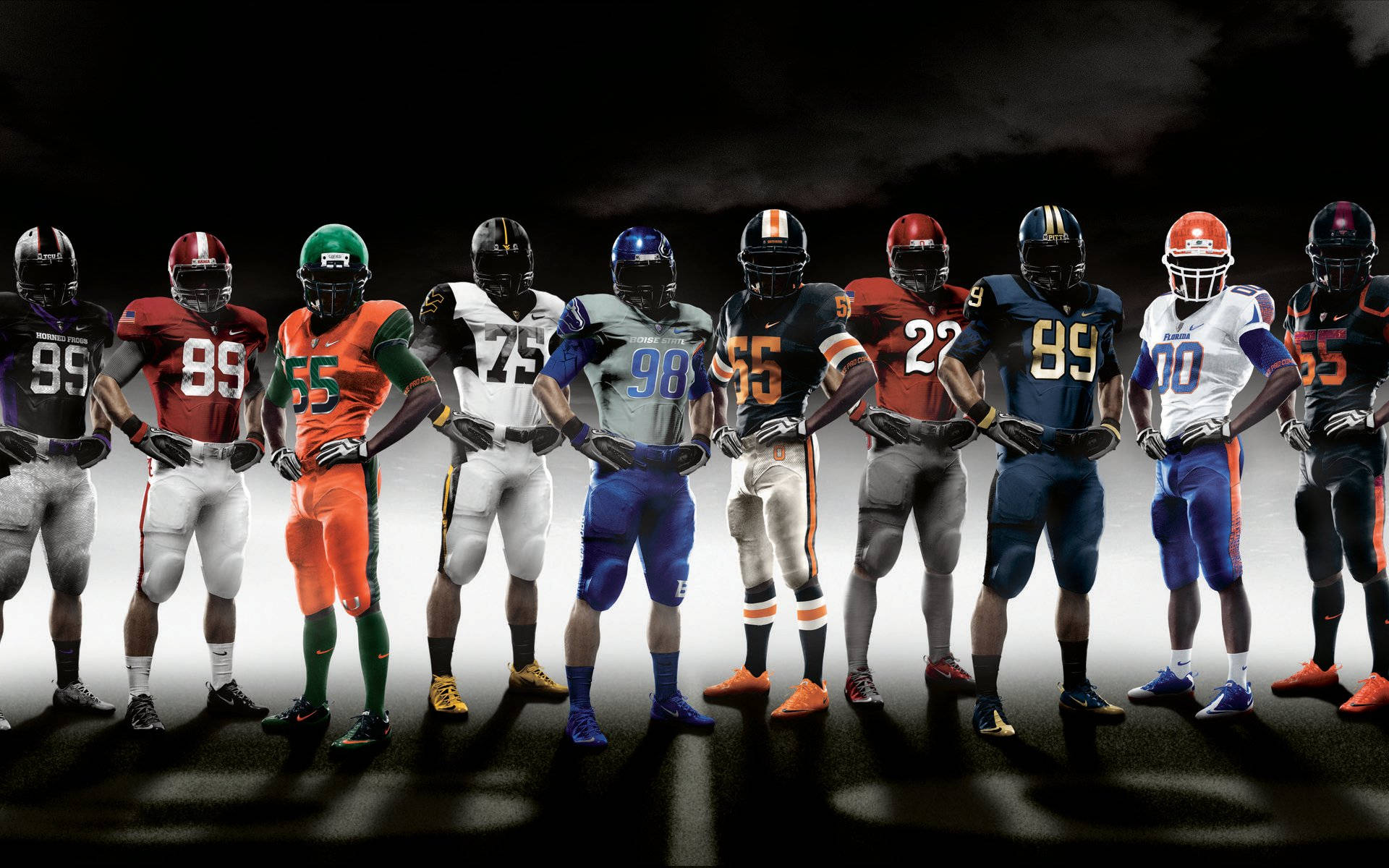 NFL球隊代表隊姿態合影 壁紙 — 一排身穿色彩繽紛球隊制服的美式足球員，在黑暗暴風雨的天空下蓄勢待發。