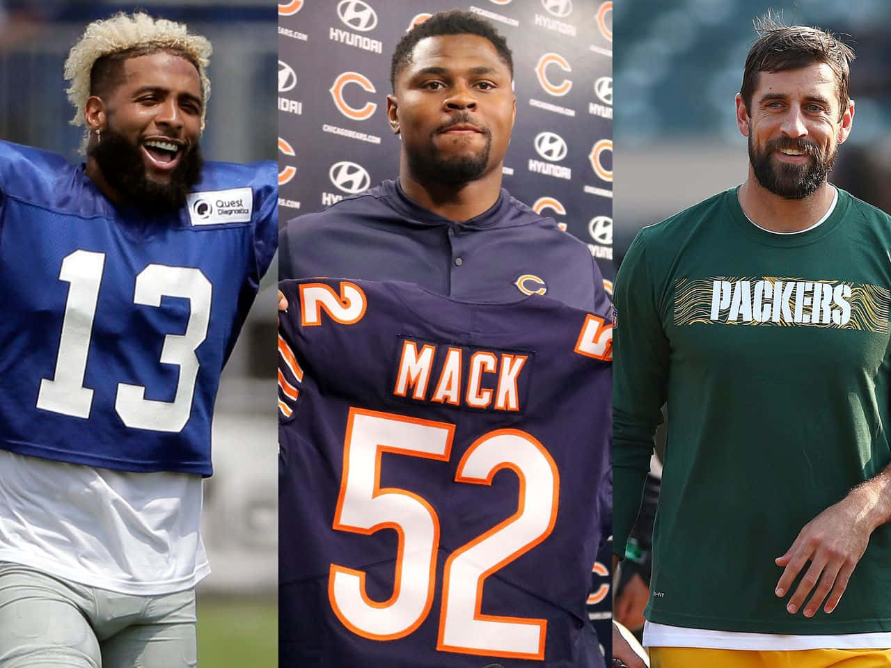 三名穿著隊服的NFL美式足球運動員在新聞活動中微笑。