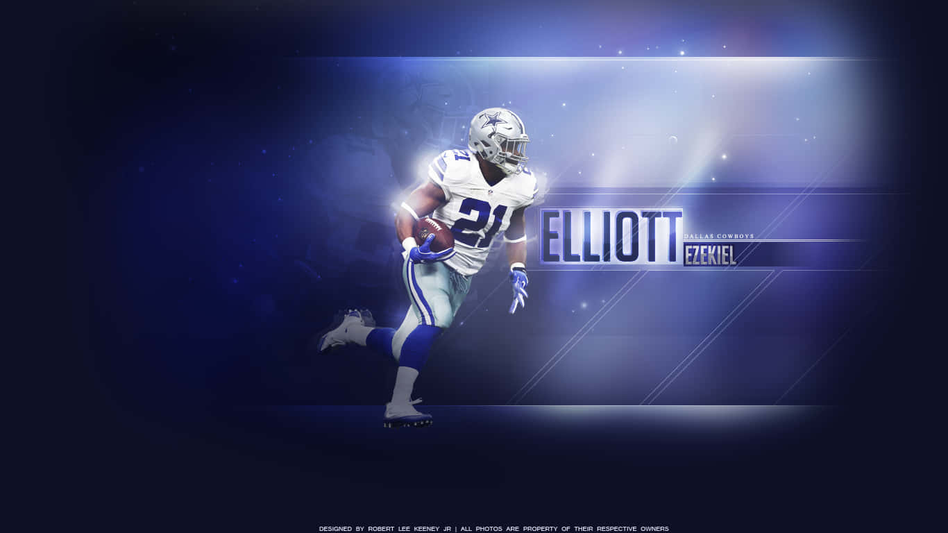 達拉斯牛仔隊球員 Ezekiel Elliott 在藍色燈光球場場景中持球奔跑。