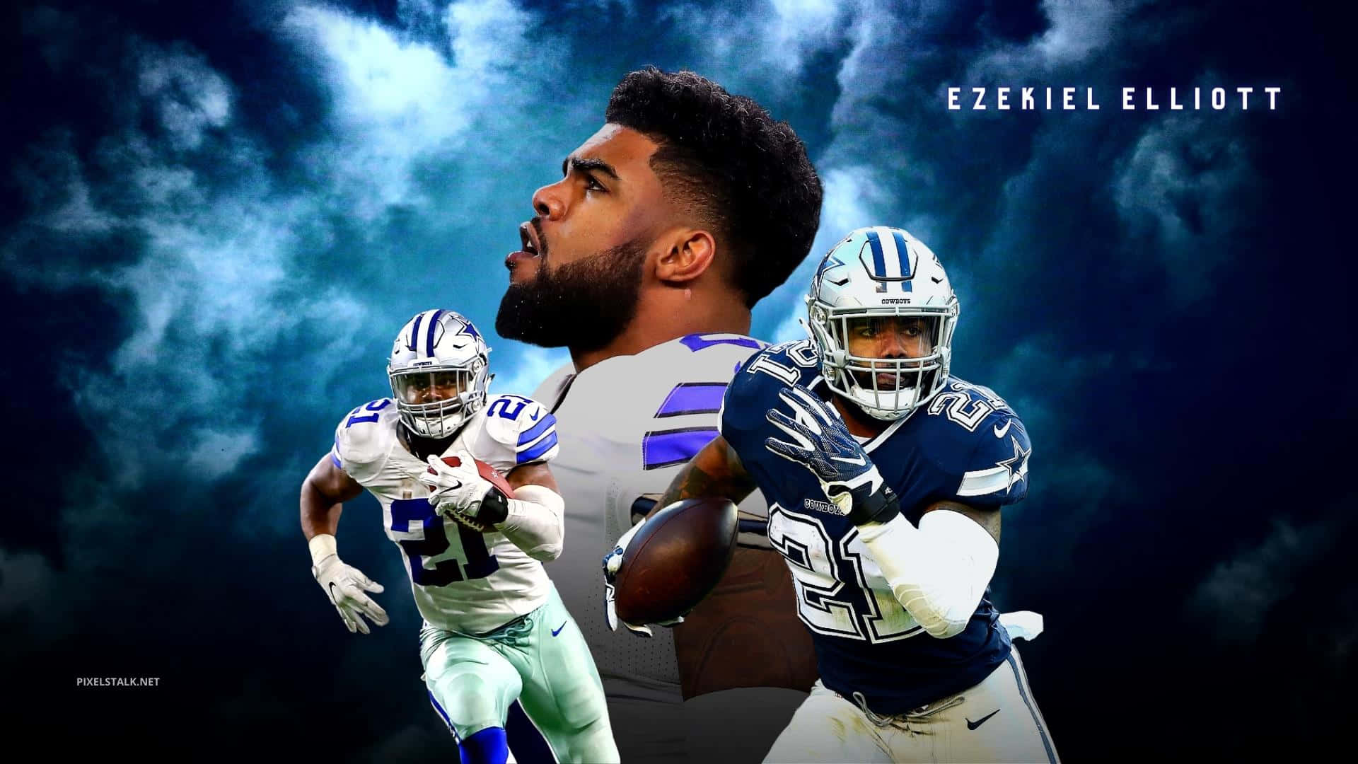 達拉斯牛仔隊球員 Ezekiel Elliott 在暴風雨天空背景下擺出三個動作姿勢。