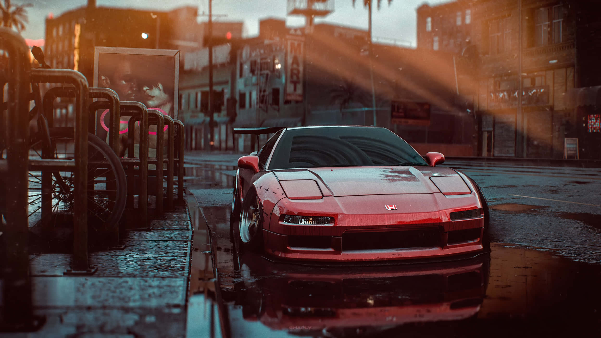 NFS 1999 Acura NSX 海報設計 壁紙 — 一輛紅色跑車在潮濕的城市街道上閃閃發光，金色陽光穿透薄霧。