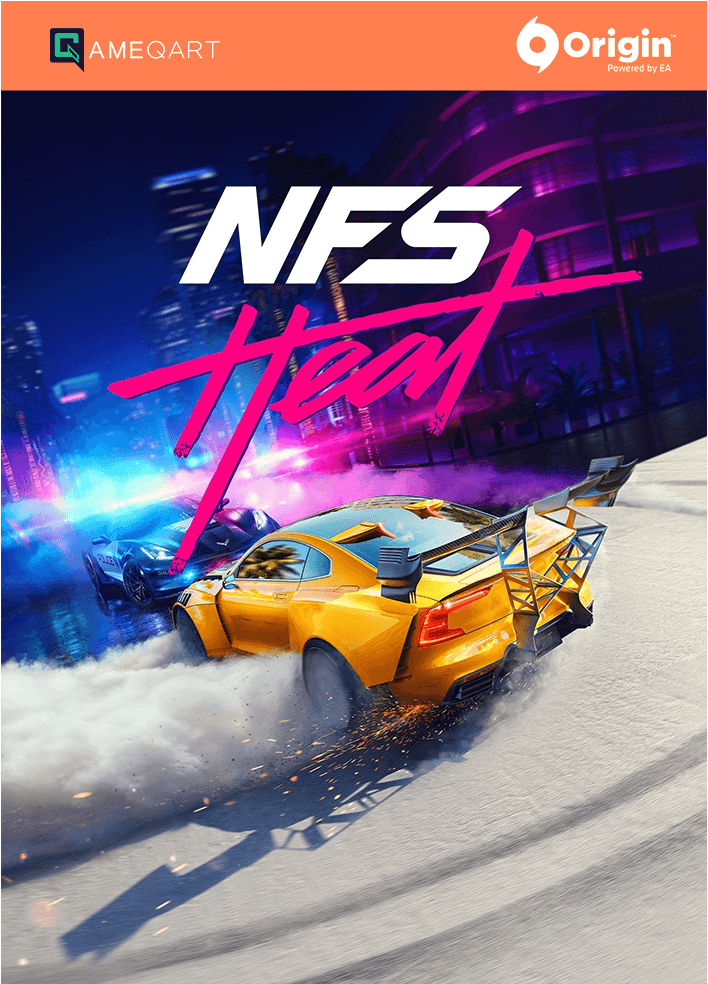 NFS Heat遊戲封面藝術 壁紙 — 一輛黃色跑車在夜晚的霓虹燈城市中飄移，警察閃著燈追捕。