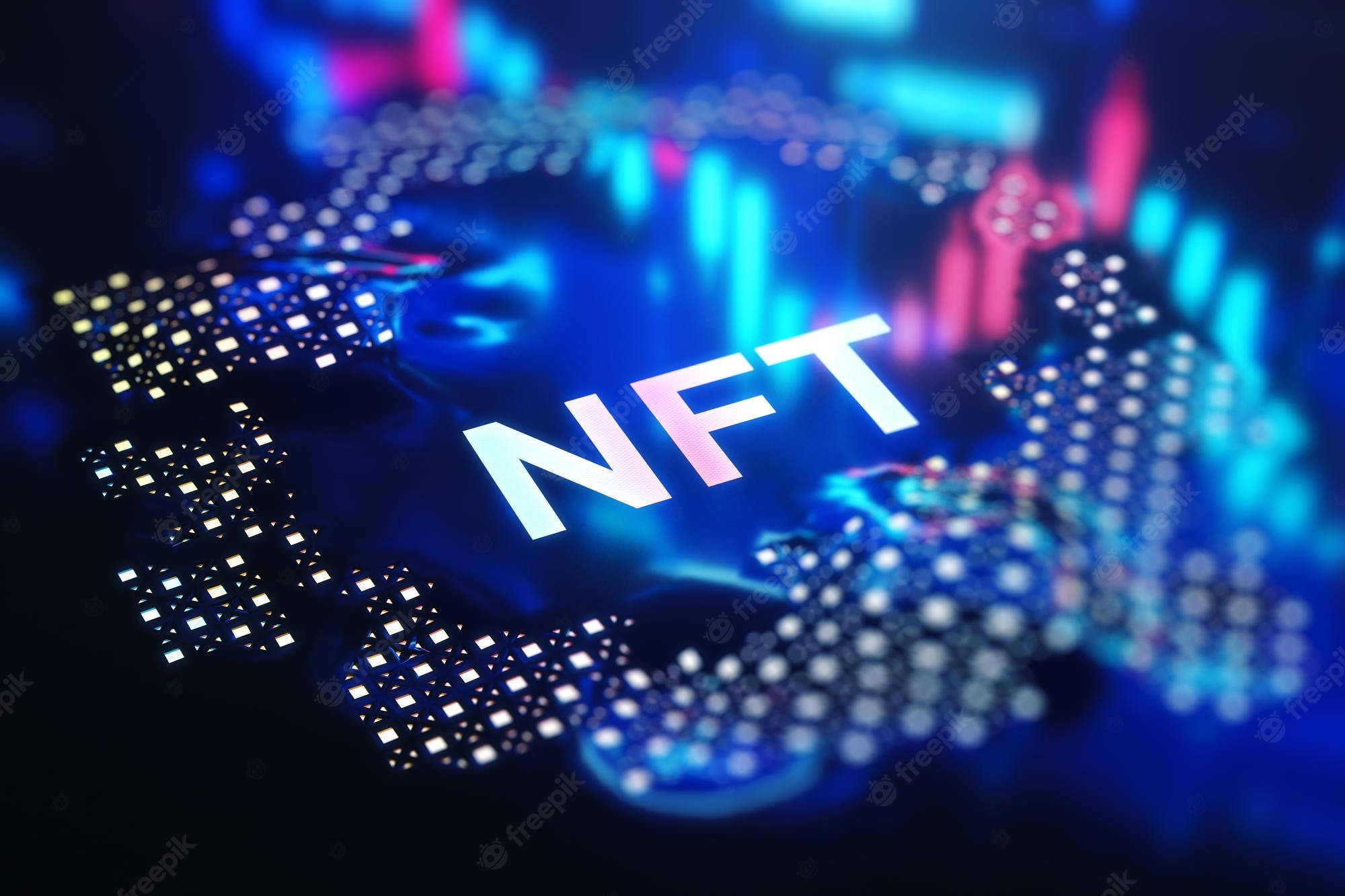 數據 NFT 繪圖 壁紙 — 發光的NFT文字漂浮在一個帶有像素化城市燈光的數位地球儀上方，呈現鮮豔的藍色和粉紅色調。