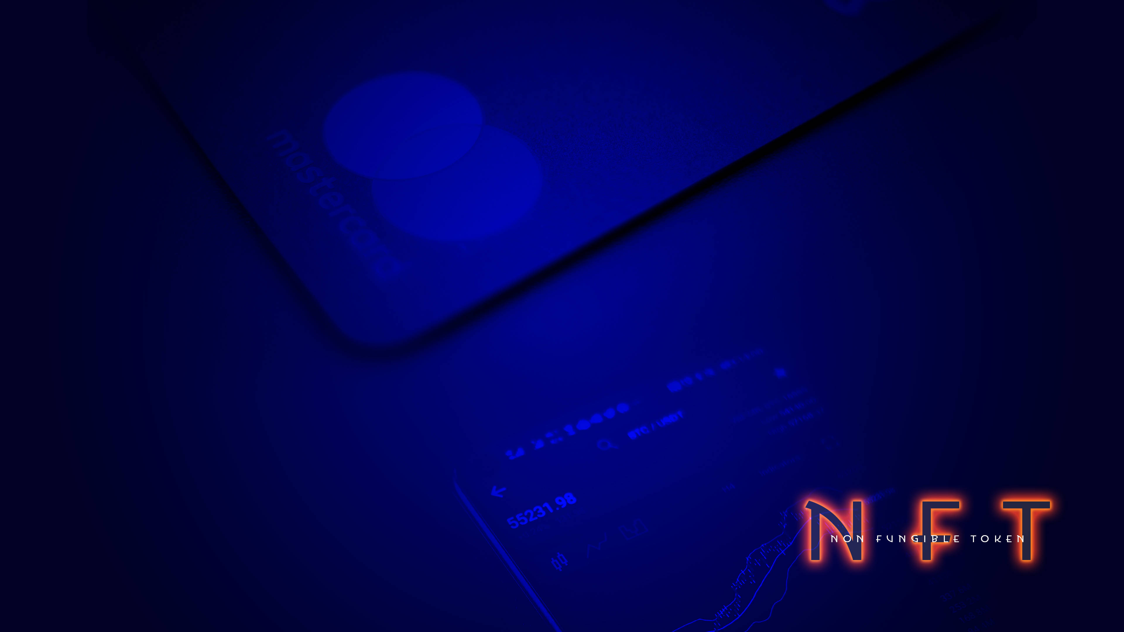 NFT Mastercard藍色美學 壁紙 — 一張發光的藍色NFT卡，帶有數字文字和發光的紅色NFT標誌，背景為深色。