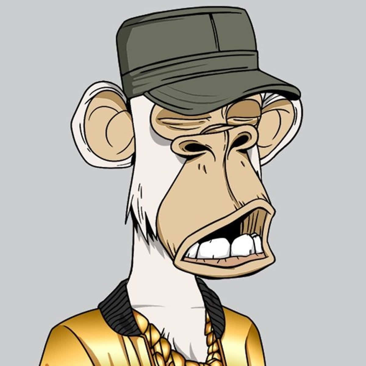 Nft Monkey數位收藏藝術品 壁紙 — 一隻卡通猴子帶著悶悶不樂的表情，戴著綠色帽子和金色外套，背景是純灰色。