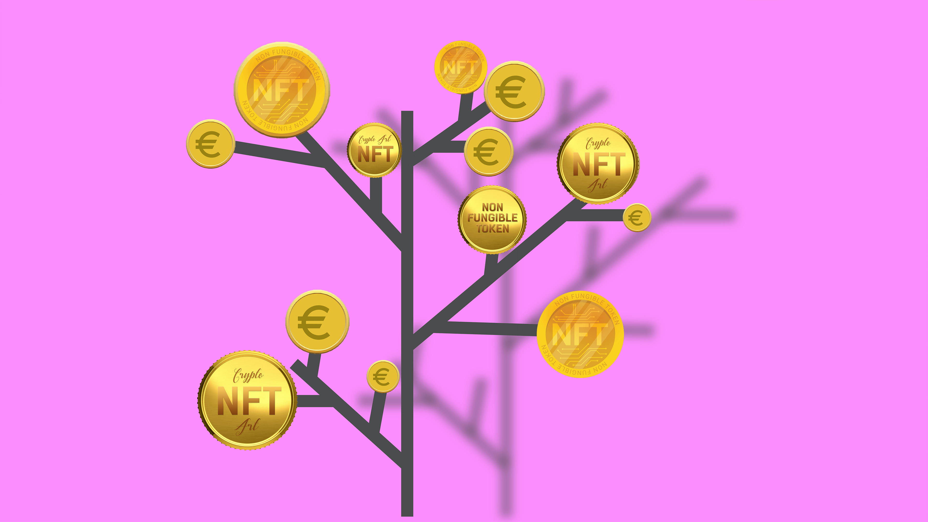 NFT硬幣樹數位藝術 壁紙 — 一棵風格化的樹，金色NFT硬幣和歐元符號掛在樹枝上，背景是充滿活力的粉紅色。