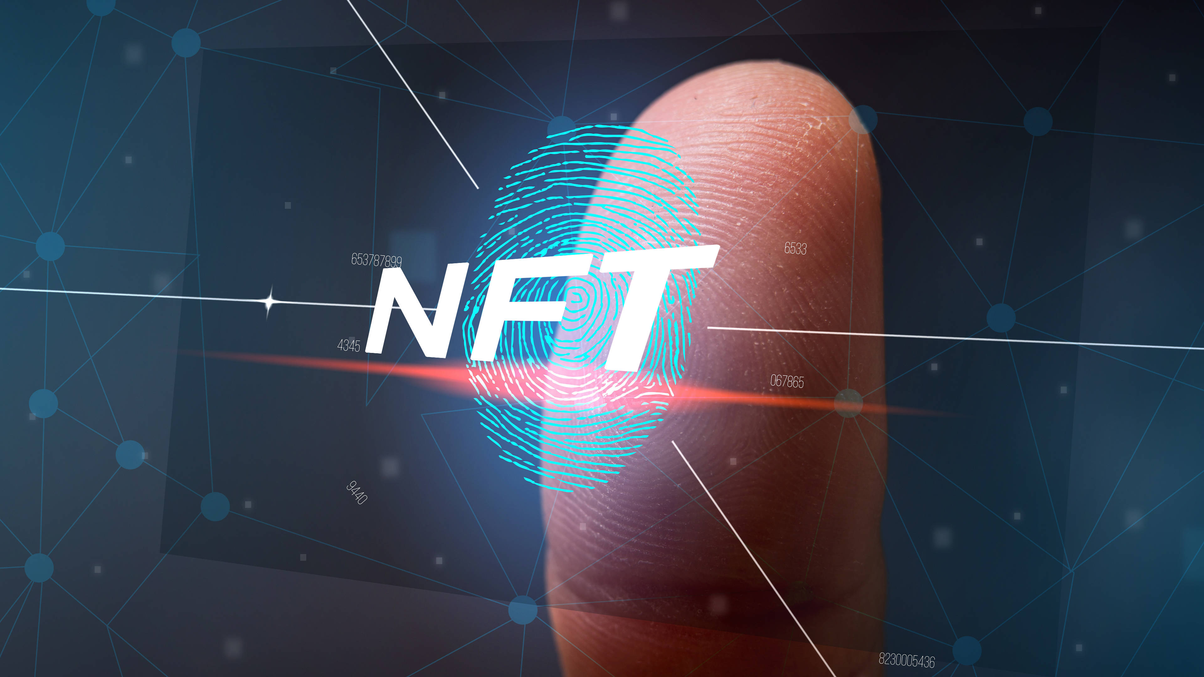 NFT 指紋 壁紙 — 手指特寫，帶有發光藍色指紋，疊加在粗體白色NFT文字上，背景為深色數碼網絡。