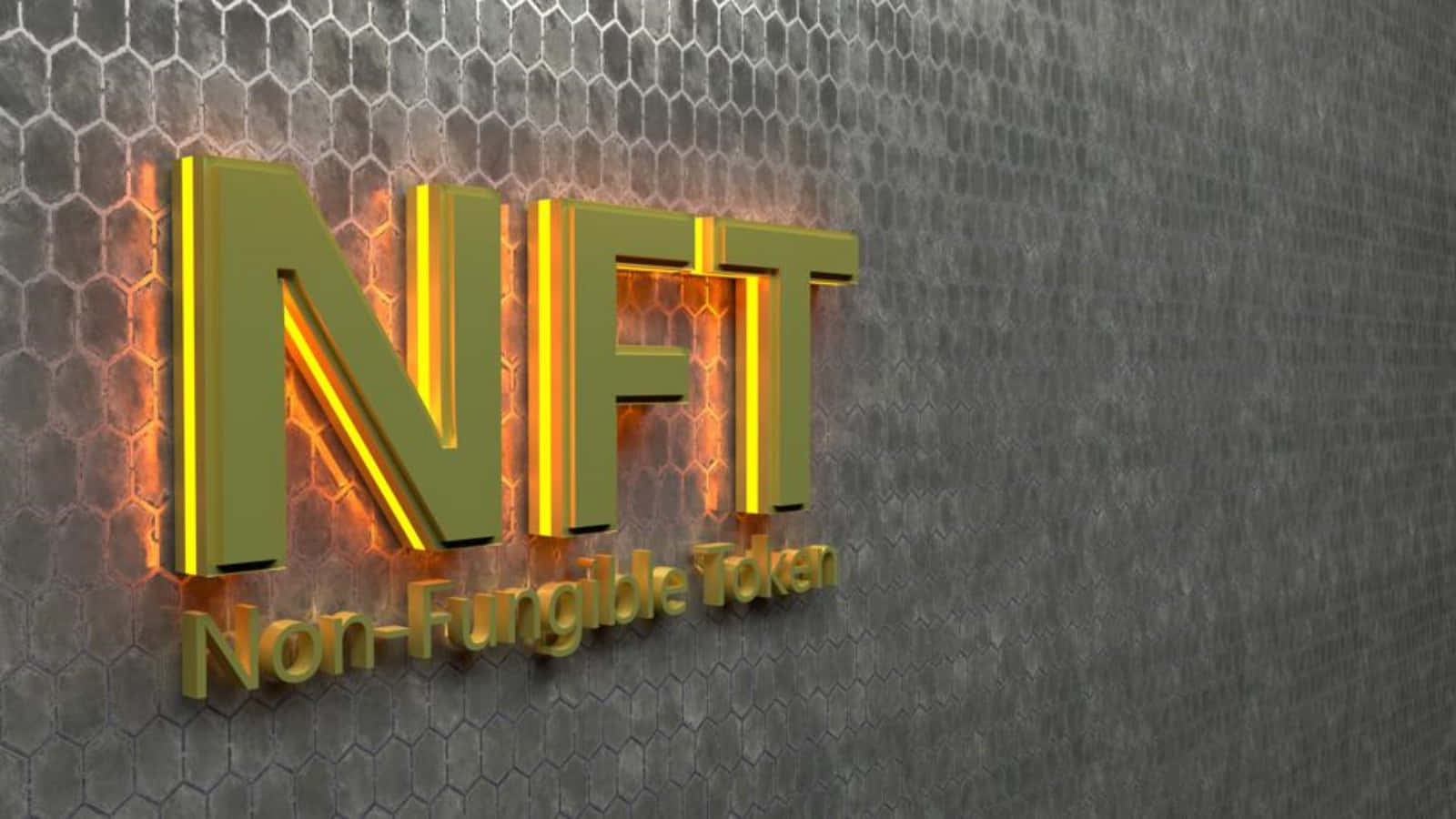 金色NFT字母在六角形金屬牆上發光。