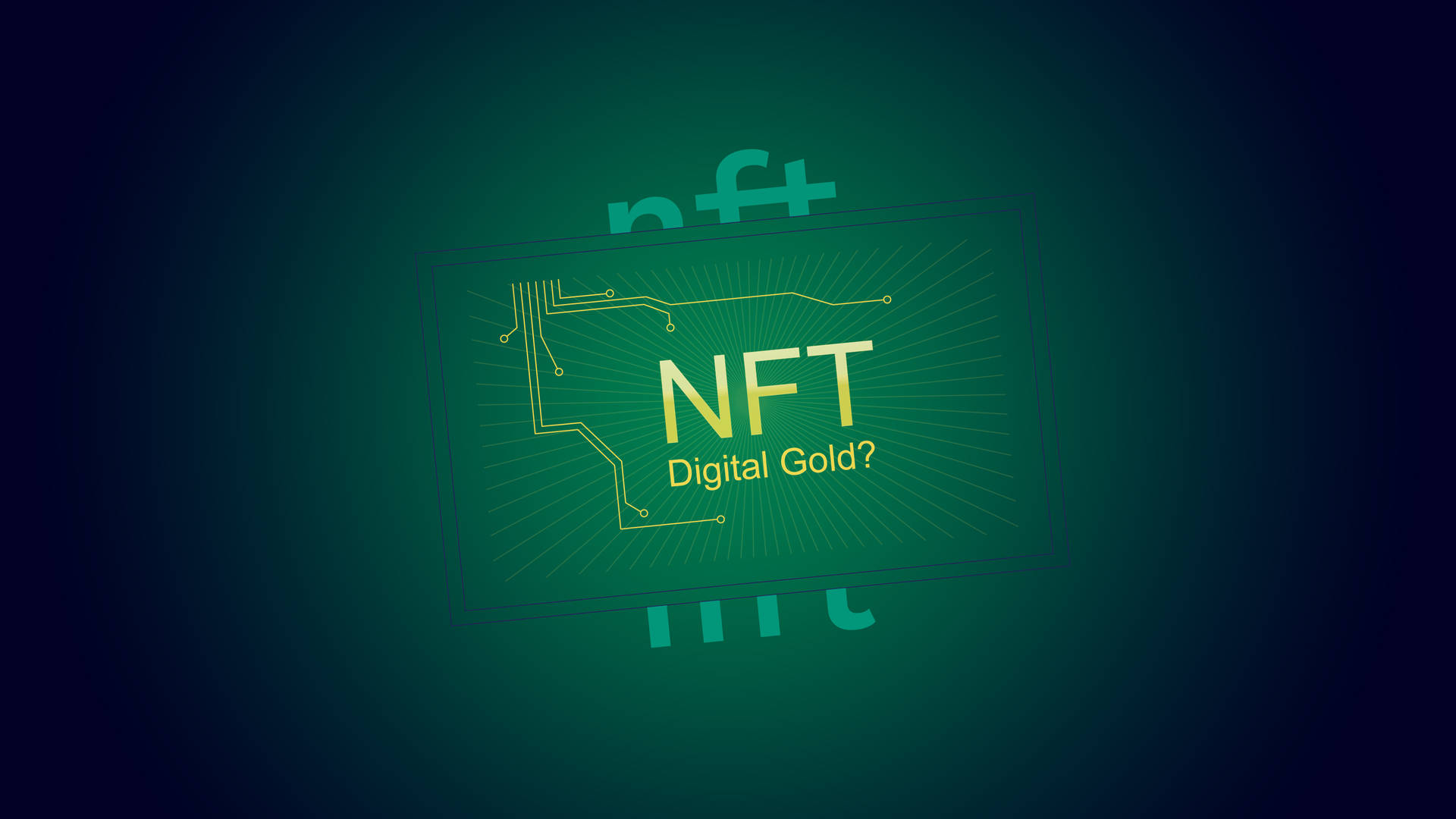 一張發光的綠色NFT卡，帶有電路線，問「數碼黃金？」