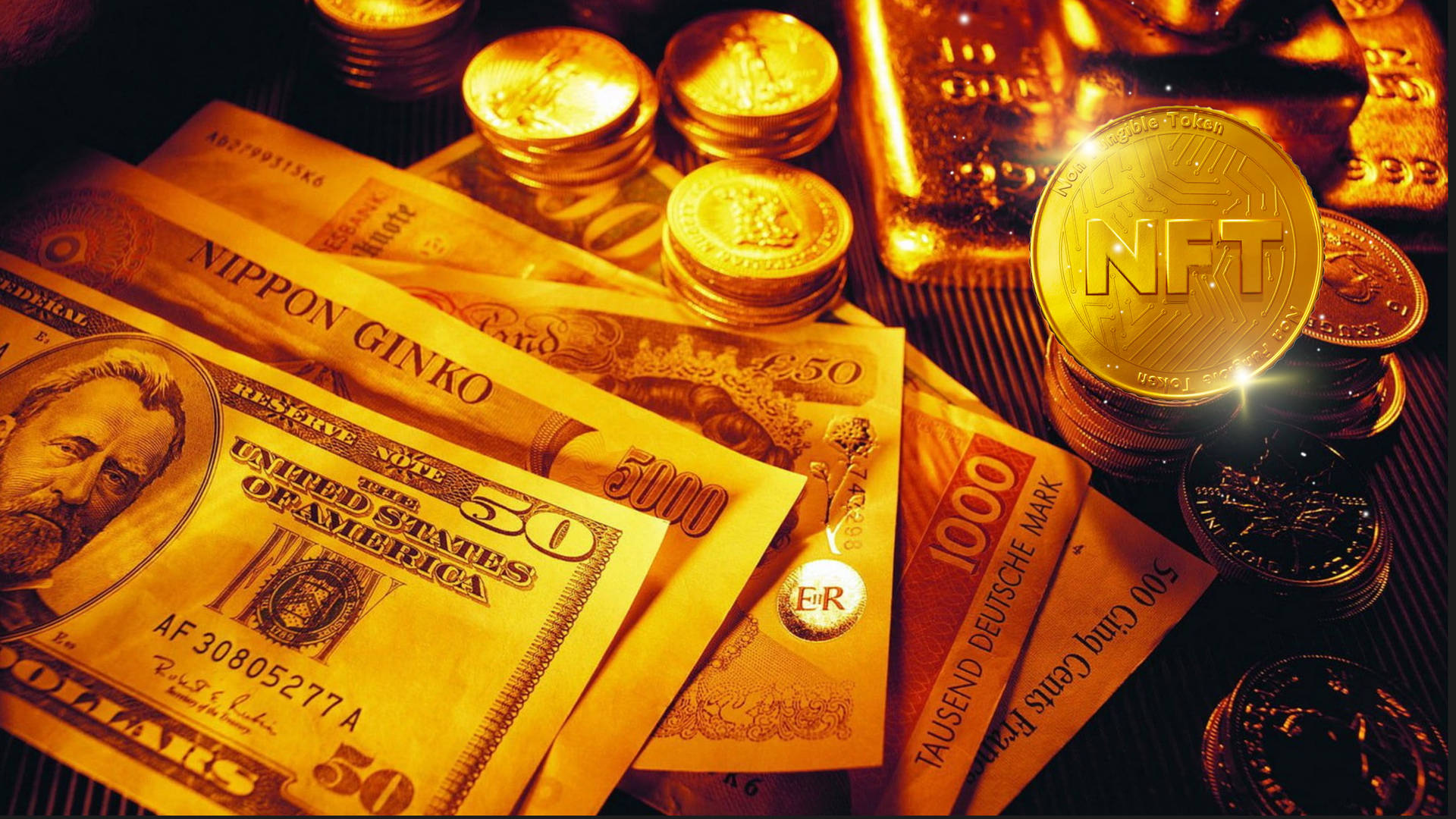一堆金幣和國際紙幣，包括溫暖發光的NFT代幣。