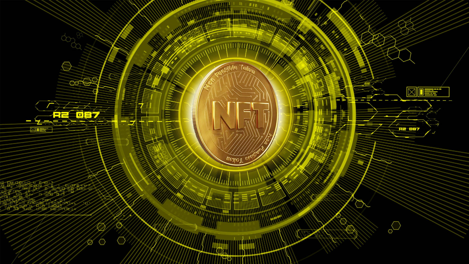 金色NFT硬幣被發光的數碼電路和六邊形圖案包圍。