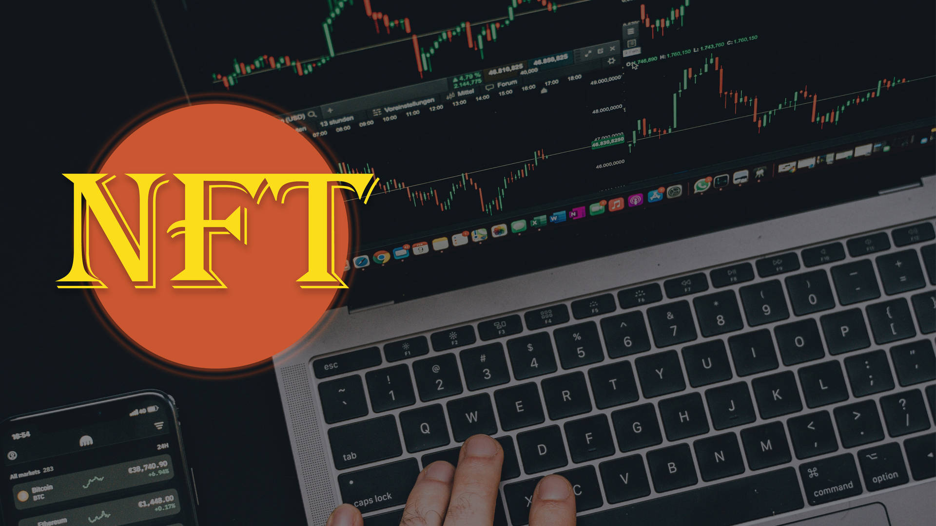 手在筆記型電腦上打字，螢幕上有NFT標誌和加密貨幣圖表