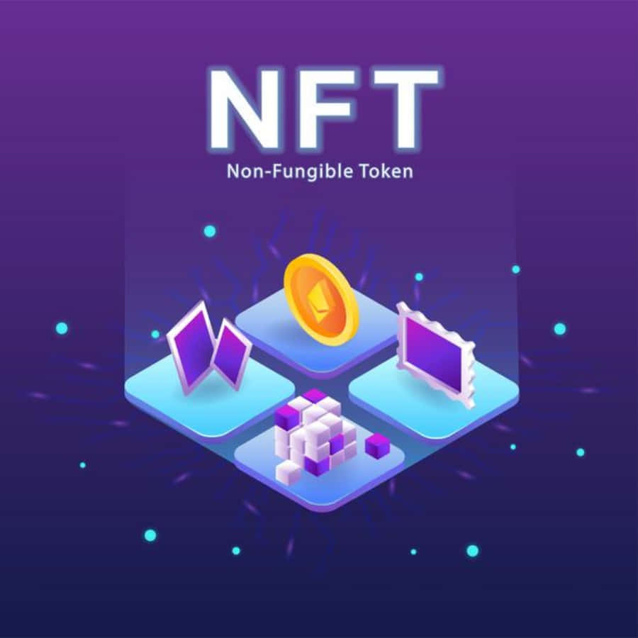 NFT數位資產，包括一枚硬幣和像素方塊漂浮在平台上，背景為紫色。