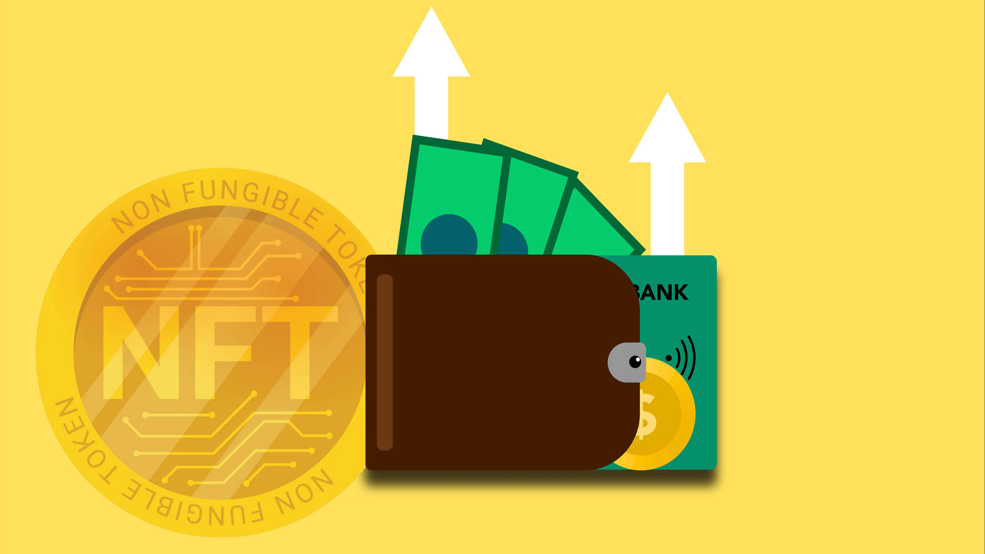 錢包內有現金和銀行卡，旁邊是NFT硬幣，顯示向上的財務增長箭頭。