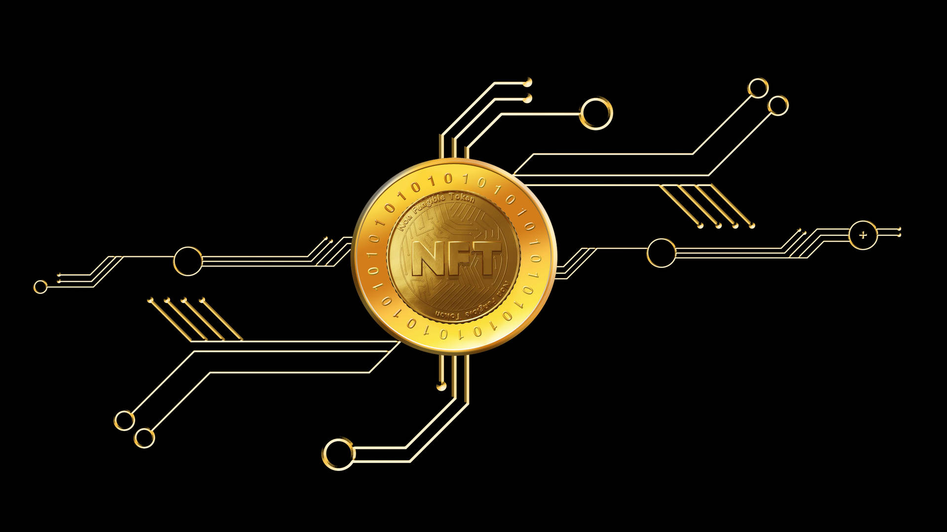 金色NFT硬幣被發光的電路線包圍在黑色背景上。
