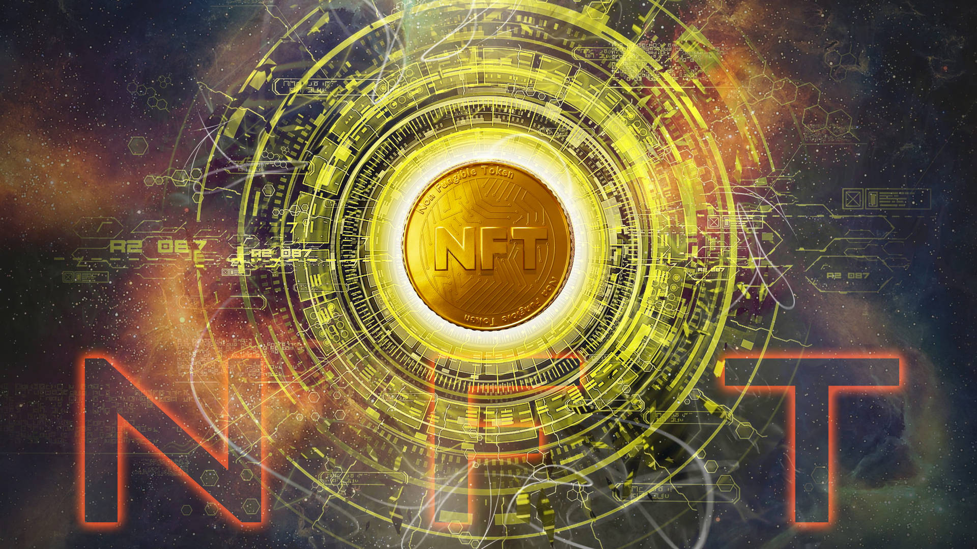 一枚金色NFT硬幣被發光的數碼電路和宇宙星星環繞。
