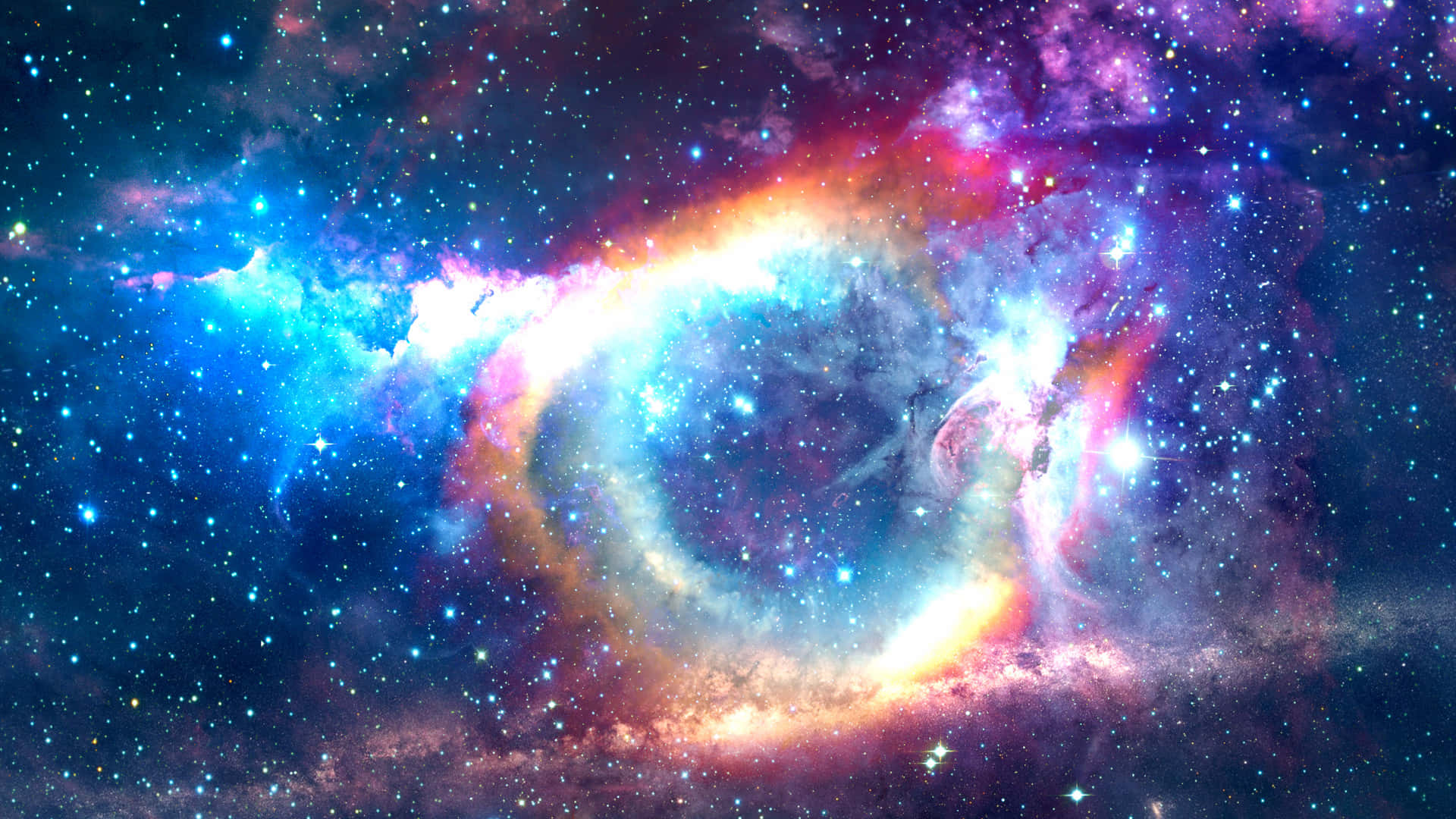 星系背景NGC 6781 壁紙 — 一個充滿活力的宇宙星雲，在星空中旋轉著電藍色、粉紅色和金色。