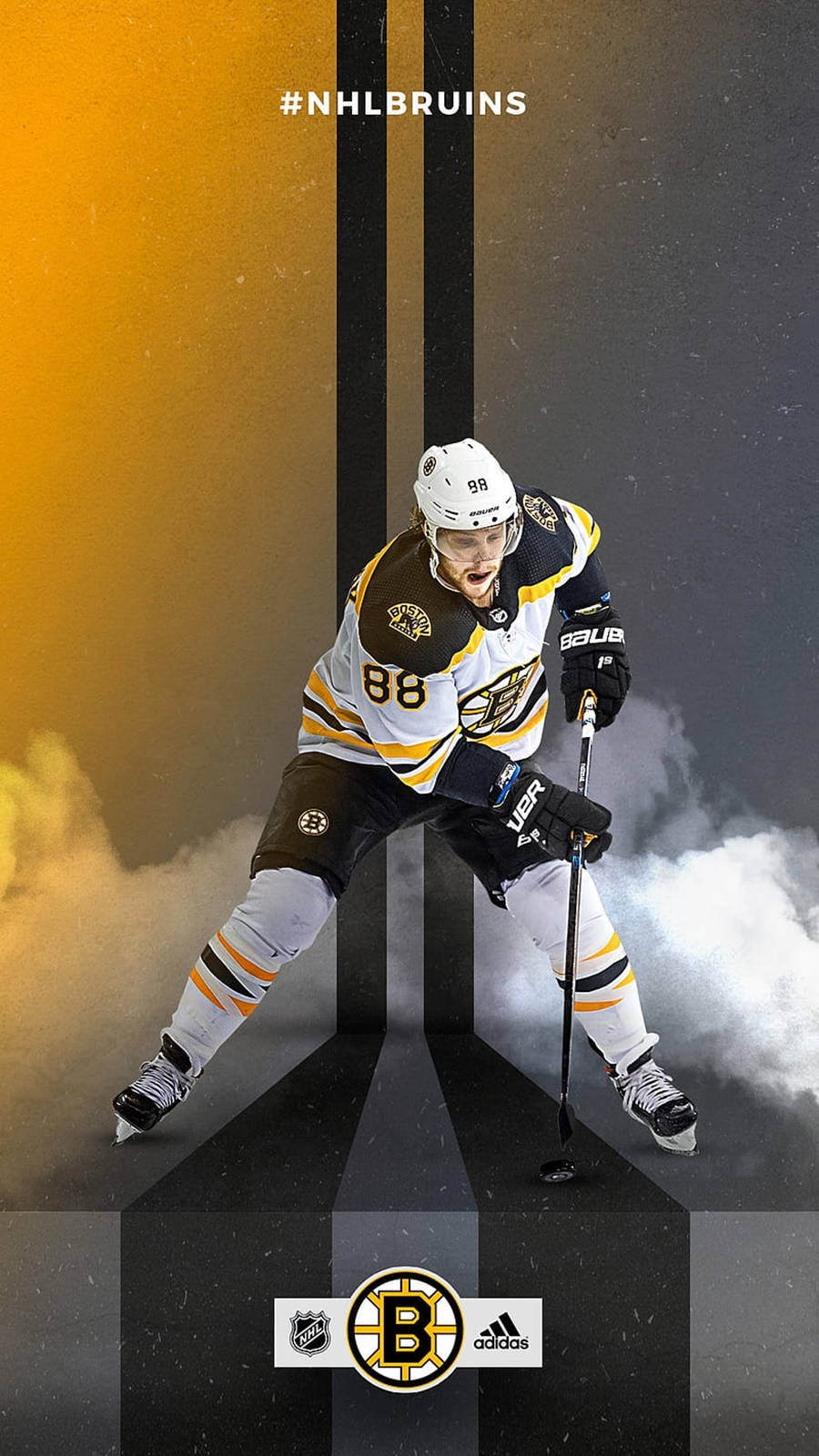 大衛·帕斯特納克 NHL海報藝術 壁紙 — 一名穿著棕熊隊裝備的冰球運動員在戲劇性的橙色和黑色條紋背景及煙霧效果中動態蹲下。