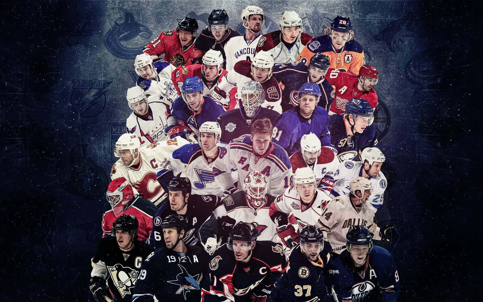 酷炫NHL冰球選手群像 壁紙 — NHL 冰球運動員穿著球隊球衣在黑暗星空背景下激烈擺姿勢的動態拼貼畫。