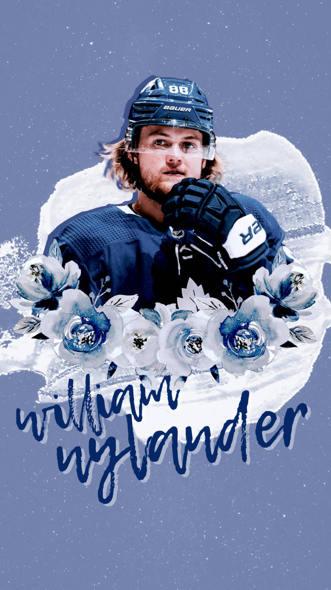 冰球明星——NHL球員威廉·尼蘭德插畫 壁紙 — 冰球運動員 William Nylander 身穿藍色裝備，被白色花卉漩渦環繞，背景為雪藍色。