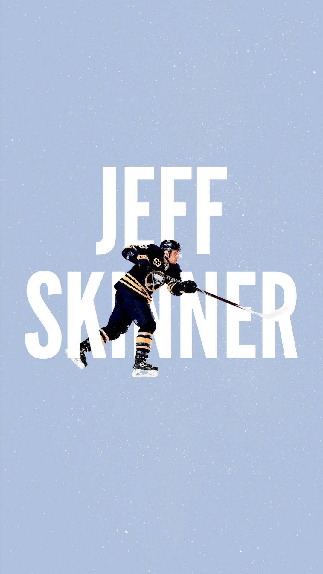 加拿大NHL球員傑夫·斯金納簡約插畫 壁紙 — 冰球運動員 Jeff Skinner 在淺藍色雪景背景前擺出動作姿勢，他的名字以粗體白色字母呈現。