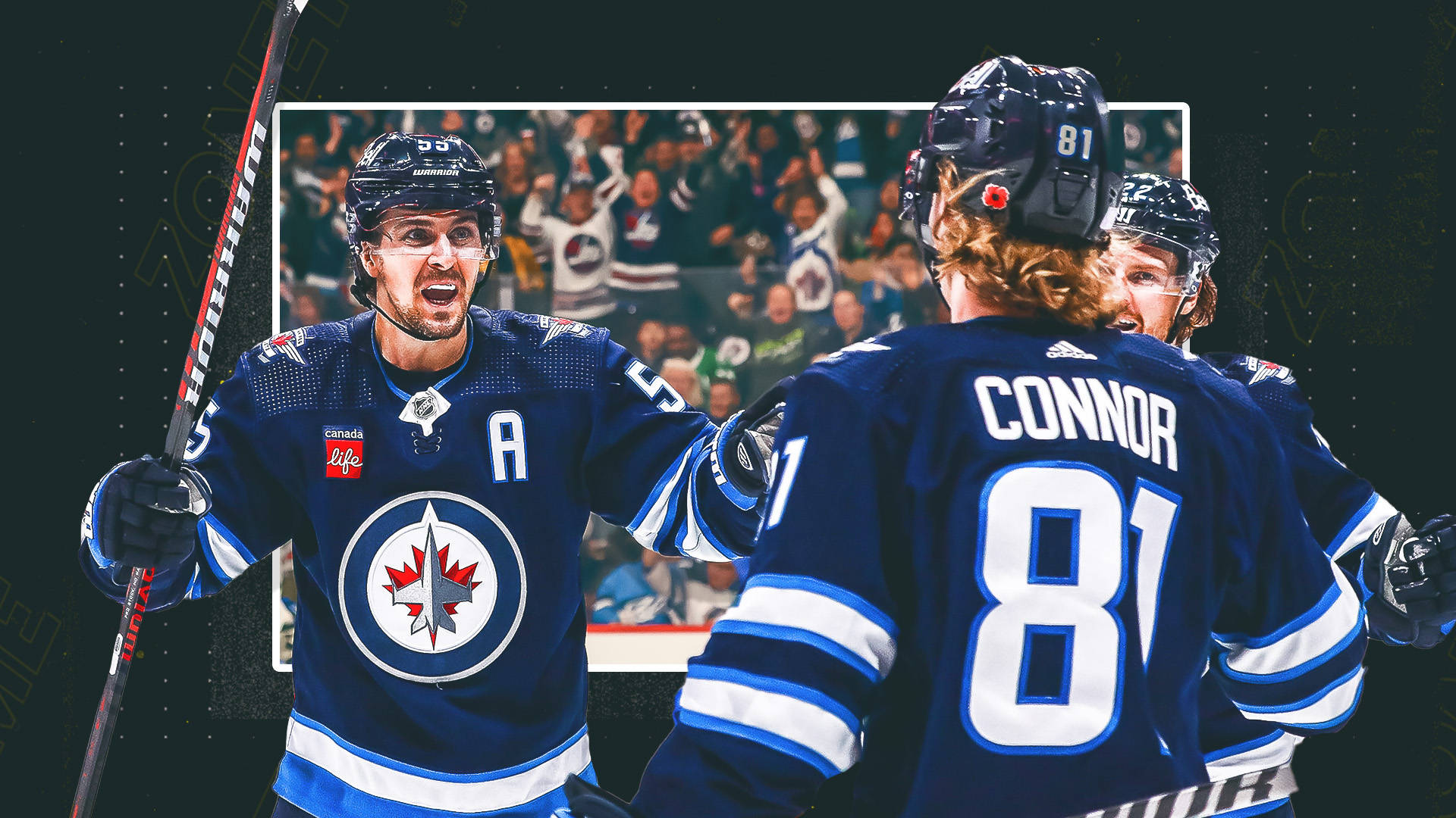 NHL球星凱爾·康納與馬克·舍費爾在冰上競技 壁紙 — 兩位喜悅的溫尼伯噴射機冰球球員在背景中球迷的歡呼下慶祝入球。