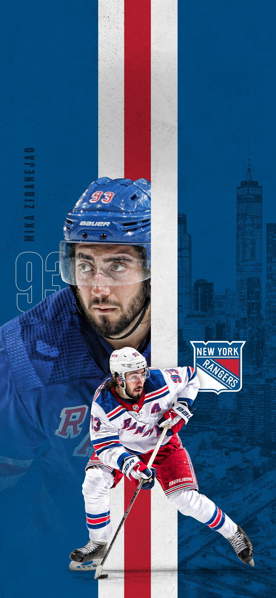 NHL 米卡·齊巴內賈德與紐約游騎兵隊標誌主題海報 壁紙 — 冰球運動員 Mika Zibanejad 身穿紐約遊騎兵隊裝備，在藍色城市背景前以紅白條紋大膽地動態擺姿勢。