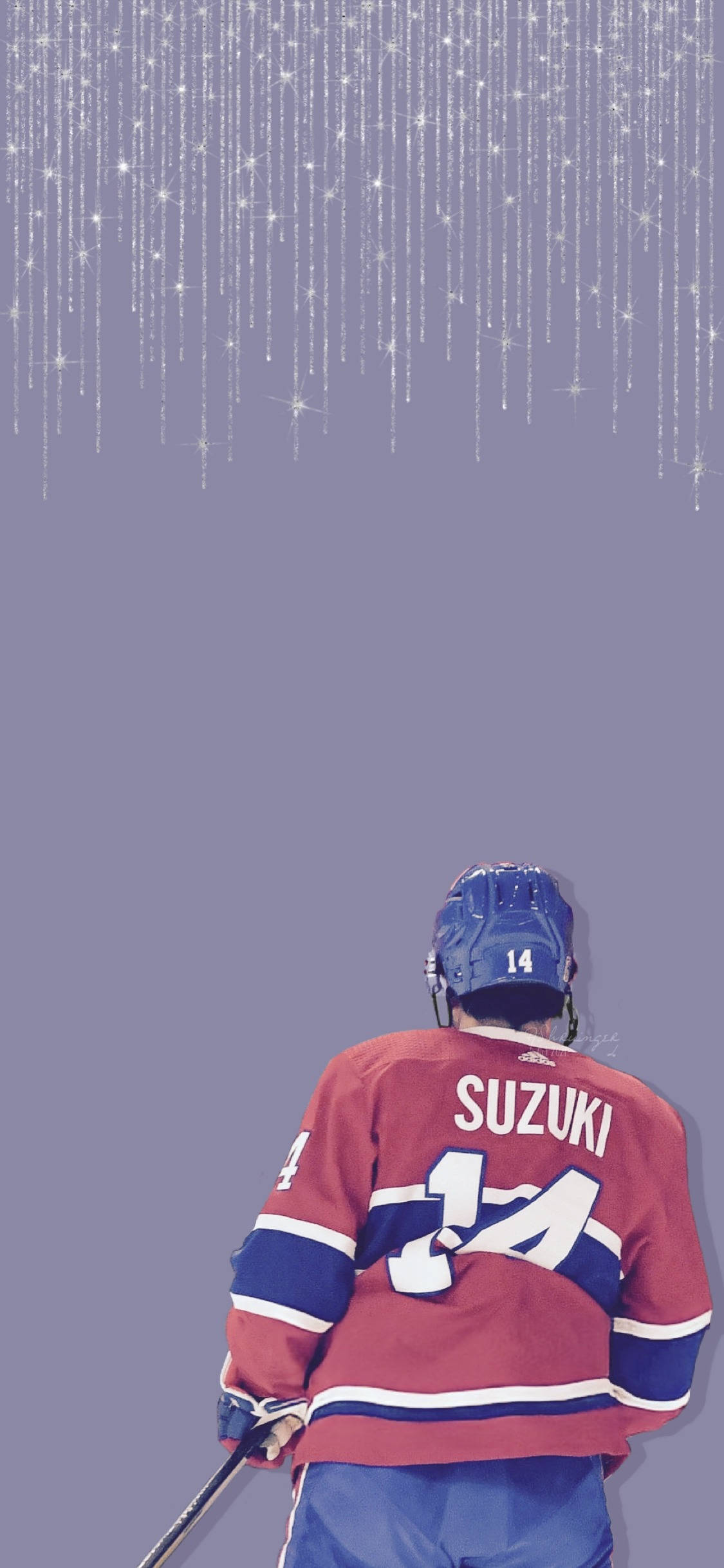 NHL 蒙特利爾加拿大人隊圖像藝術尼克·加拿大人 壁紙 — 一名身穿紅色球衣、印有Suzuki名字和14號的冰球運動員，在閃爍燈光下背對觀眾，背景為紫色。