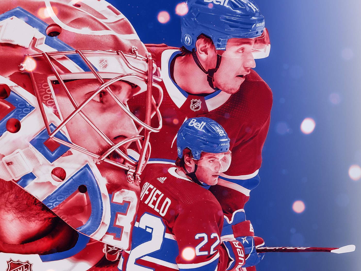NHL 蒙特利爾加拿大人隊球迷藝術海報 壁紙 — 動感冰球運動員身穿紅色和藍色裝備，在充滿活力的藍色背景上閃爍著散景燈光。