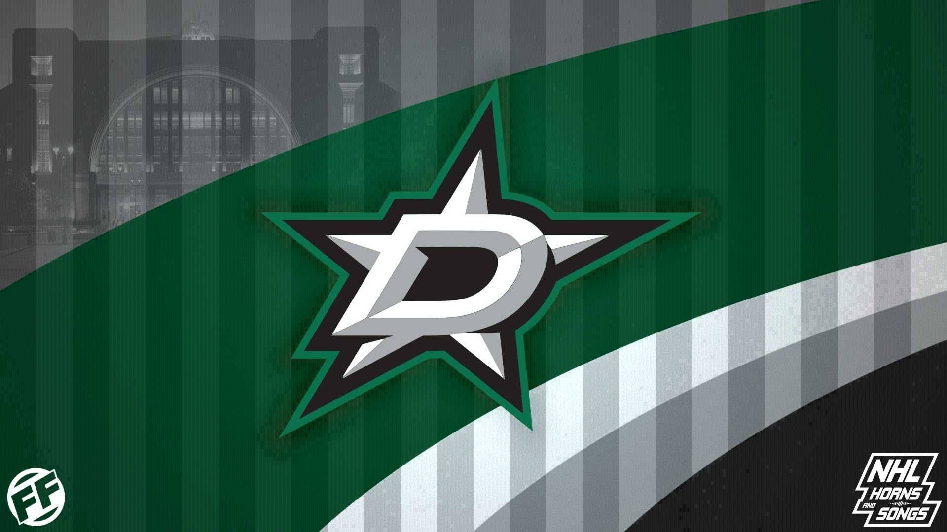 NHL 達拉斯星隊標誌 壁紙 — 達拉斯星隊NHL標誌，綠色、白色和黑色，背景為模糊的體育場。