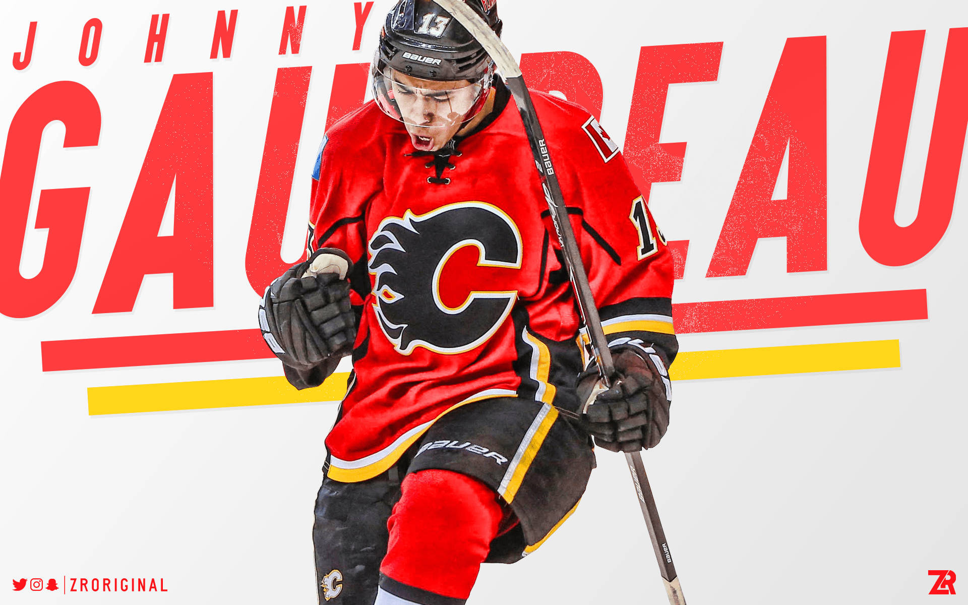 NHL冰球：卡爾加里火焰隊約翰尼·高德魯 壁紙 — 冰球運動員 Johnny Gaudreau 身穿紅色卡加利火焰隊球衣，在粗體紅色文字背景前持棍動作中。