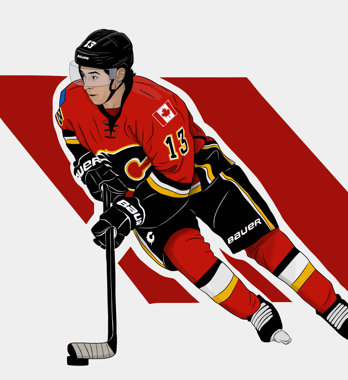 NHL冰球卡通：卡爾加里火焰隊約翰尼·高德魯 壁紙 — 一名身穿紅黑裝備、球衣上印有13號和加拿大國旗的曲棍球運動員，在鮮紅色的對角線背景前動態蹲下。