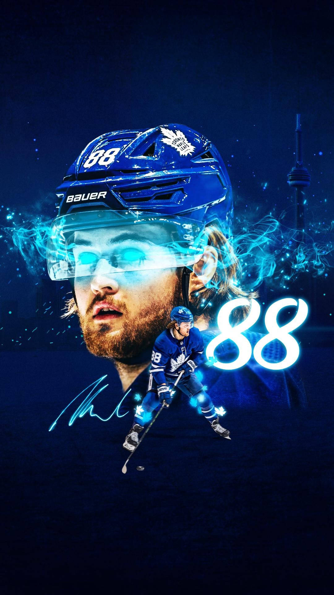 NHL球星威廉·尼蘭德動態比賽照 壁紙 — 一名穿著藍色裝備、帶有發光藍色能量效果、背號88的冰球運動員，背景是黑暗的城市天際線。