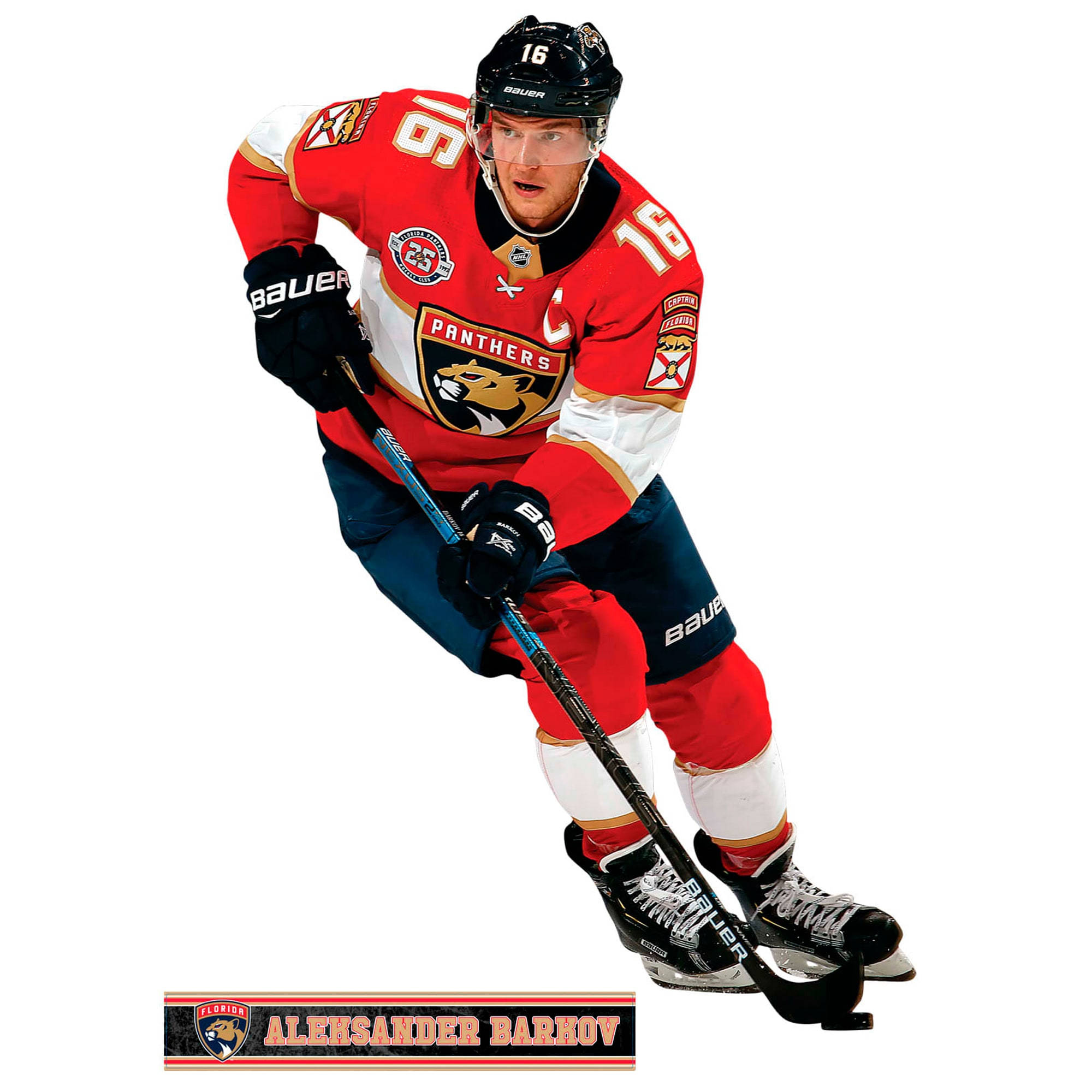 NHL芬蘭球員亞歷山大·巴科夫 壁紙 — 冰球運動員 Aleksander Barnov 身穿紅色佛羅里達美洲豹球衣，在跨步中蹲下，球棍準備就緒。
